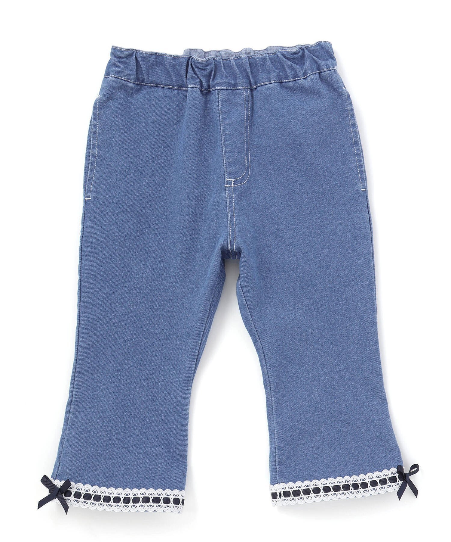 【ベベ オンライン ストア/BEBE ONLINE STORE / KIDS】の裾レースウエストフリル7分丈デニムニットパンツ(80~130cm) インテリア・キッズ・メンズ・レディースファッション・服の通販 founy(ファニー) 　ファッション　Fashion　キッズファッション　Fashion for Kids　ボトムス　Bottoms　春　Spring　コレクション　Collection, Seasonal Line　スカラップ　Scallop, Scalloped Edge　デニム　Denim, Jeans Material　フィット　Fit, Slim Fit　フレンチ　French, French Style　ポケット　Pocket, Pocket Detail　リボン　Ribbon, Bow　レース　Lace, Lace Fabric　S/S・春夏　SS, Spring/Summer, Warm Season　夏　Summer　エレガント 上品　Elegant　2026年　2026　ネイビー|ID: prp329100004877471 ipo3291000000036384084