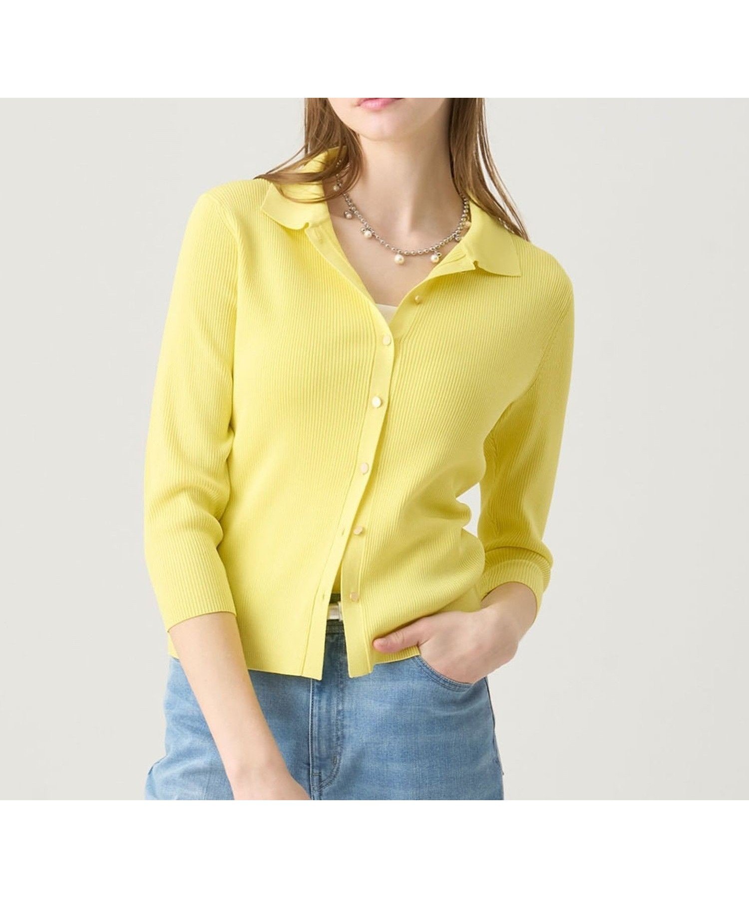 【アナイ/ANAYI】の襟付きリブカーディガン インテリア・キッズ・メンズ・レディースファッション・服の通販 founy(ファニー) 　ファッション　Fashion　レディースファッション　Fashion for Women　トップス・カットソー　Cut & Sew Tops　カーディガン・羽織り　Layered Style Cardigans　イエロー　Yellow　ストレッチ　Stretch, Stretchy Fabric　スマート　Smart, Elegant　トレンド　Trend, Trending Now　S/S・春夏　SS, Spring/Summer, Warm Season　再入荷　Restock / Back in Stock　夏　Summer　yellow|ID: prp329100004878509 ipo3291000000036395311