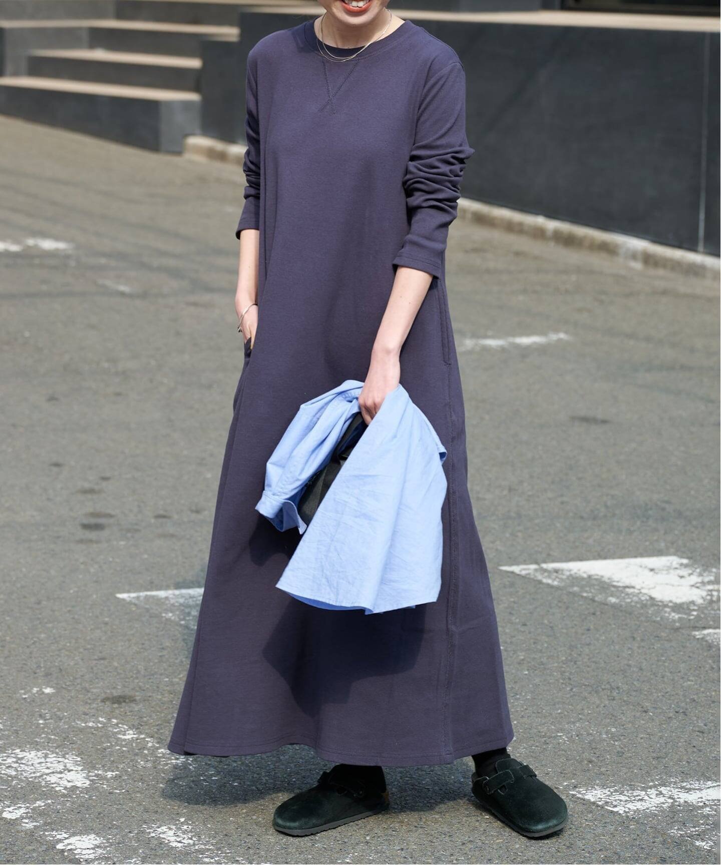 【アウトドアプロダクツ ユージュアルシングス/OUTDOOR PRODUCTS Usual Things】のテレコワンピース インテリア・キッズ・メンズ・レディースファッション・服の通販 founy(ファニー) 　ファッション　Fashion　レディースファッション　Fashion for Women　ワンピース　Dresses　ストレッチ　Stretch, Stretchy Fabric　テレコ　Ribbed, Rib Stitch　デニム　Denim, Jeans Material　ポケット　Pocket, Pocket Detail　リラックス　Relax, Relaxed Fit　エレガント 上品　Elegant　ネイビー|ID: prp329100004879374 ipo3291000000036409016