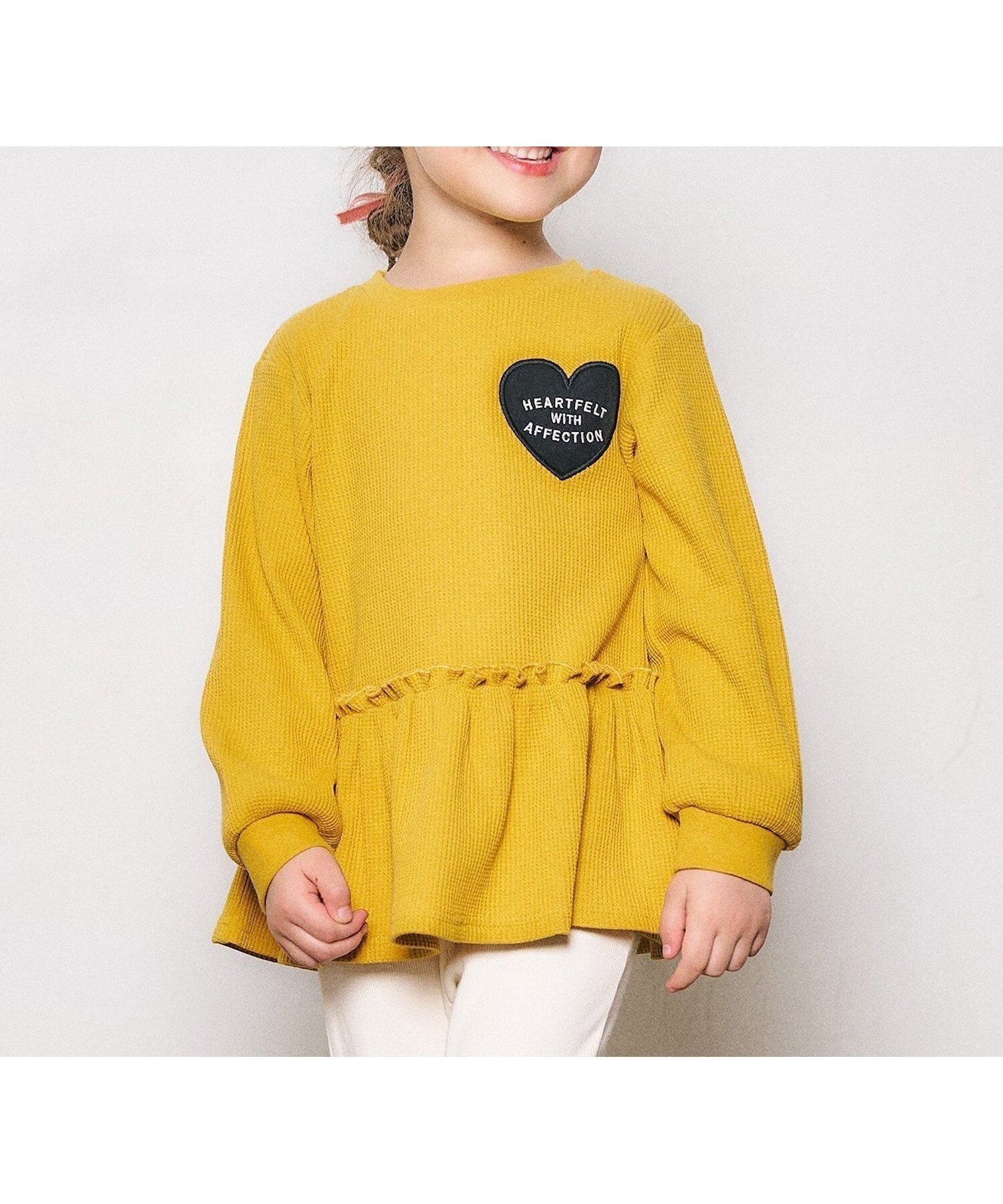 【エフオー オンラインストア/F.O.Online Store / KIDS】の【新色追加】ワッフルペプラムハートモチーフTシャツ インテリア・キッズ・メンズ・レディースファッション・服の通販 founy(ファニー) 　ファッション　Fashion　キッズファッション　Fashion for Kids　ペプラム　Peplum, Flared Hem　長袖　Long Sleeve, Full Sleeve　マスタード|ID: prp329100004880334 ipo3291000000036424018