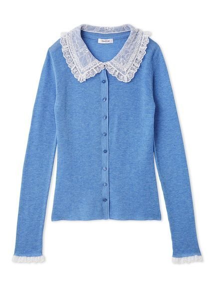 【フレイ アイディー/FRAY I.D】のレースカラーニットカーディガン インテリア・キッズ・メンズ・レディースファッション・服の通販 founy(ファニー) 　ファッション　Fashion　レディースファッション　Fashion for Women　トップス・カットソー　Cut & Sew Tops　ニット　Knit Tops & Sweaters　カーディガン・羽織り　Layered Style Cardigans　おすすめ　Recommended / Our Picks　カーディガン　Cardigan, Knitwear　コンパクト　Compact, Small Size　シアー　Sheer, See-Through　スペシャル　Special, Limited Edition　スマート　Smart, Elegant　スラックス　Slacks, Dress Pants　デニム　Denim, Jeans Material　フェミニン　Feminine, Girly　ボトム　Bottoms, Lower Wear　レース　Lace, Lace Fabric　BLU[086]|ID: prp329100004880462 ipo3291000000036425885