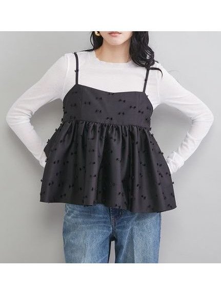 【ミラオーウェン/Mila Owen】のジャガードペプラムキャミトップス インテリア・キッズ・メンズ・レディースファッション・服の通販 founy(ファニー) 　ファッション　Fashion　レディースファッション　Fashion for Women　トップス・カットソー　Cut & Sew Tops　キャミソール&ノースリーブ　Camisoles & Sleeveless Tops　カットジャガード　Cut Jacquard　カットソー　Cut and Sewn Top　キャミ　Camisole, Cami Top　ギャザー　Gathered, Ruffled　サマー　Summer, Summer Style　シルク　Silk, 100% Silk　スマート　Smart, Elegant　タンク　Tank Top, Sleeveless Top　人気　Popular, Best Seller　長袖　Long Sleeve, Full Sleeve　バランス　Balance, Style Balance　ペプラム　Peplum, Flared Hem　リブニット　Rib Knit, Ribbed Knit　リボン　Ribbon, Bow　リュクス　Luxury, Elegant, High-End, Chic　おすすめ　Recommended / Our Picks　BLK[009]|ID: prp329100004880489 ipo3291000000036426185