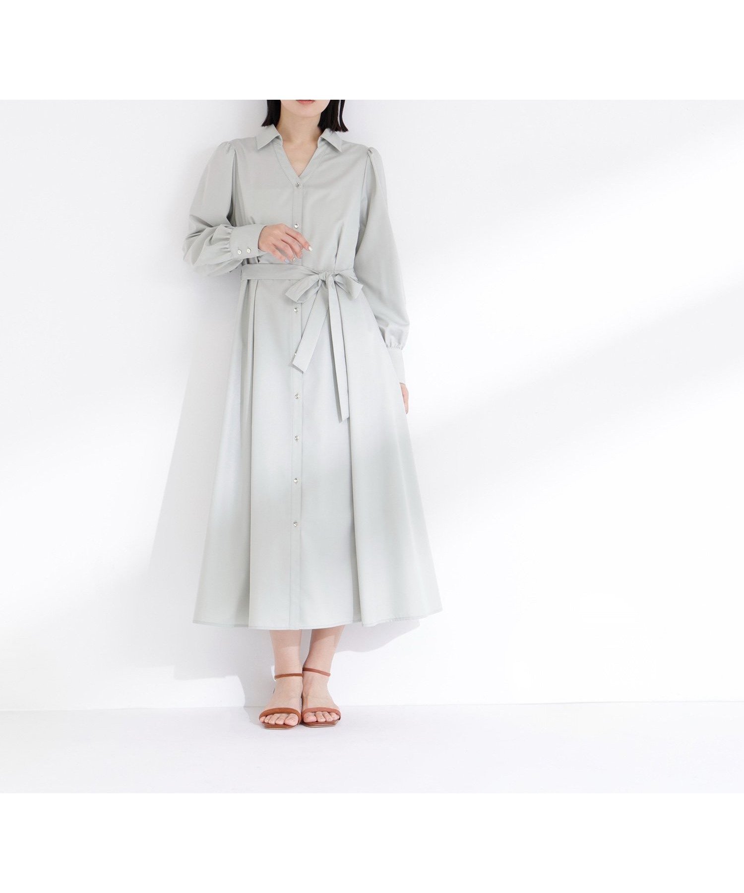 【ナチュラル ビューティー ベーシック/NATURAL BEAUTY BASIC】のリボンベルテッドシャツワンピース インテリア・キッズ・メンズ・レディースファッション・服の通販 founy(ファニー) 　ファッション　Fashion　レディースファッション　Fashion for Women　ワンピース　Dresses　シャツワンピース / 1枚で着映えコーデ　Shirt Dresses　おすすめ　Recommended / Our Picks　ギャザー　Gathered, Ruffled　スキッパー　Skipper, Open Collar　リボン　Ribbon, Bow　ライトグリーン|ID: prp329100004880593 ipo3291000000036427491