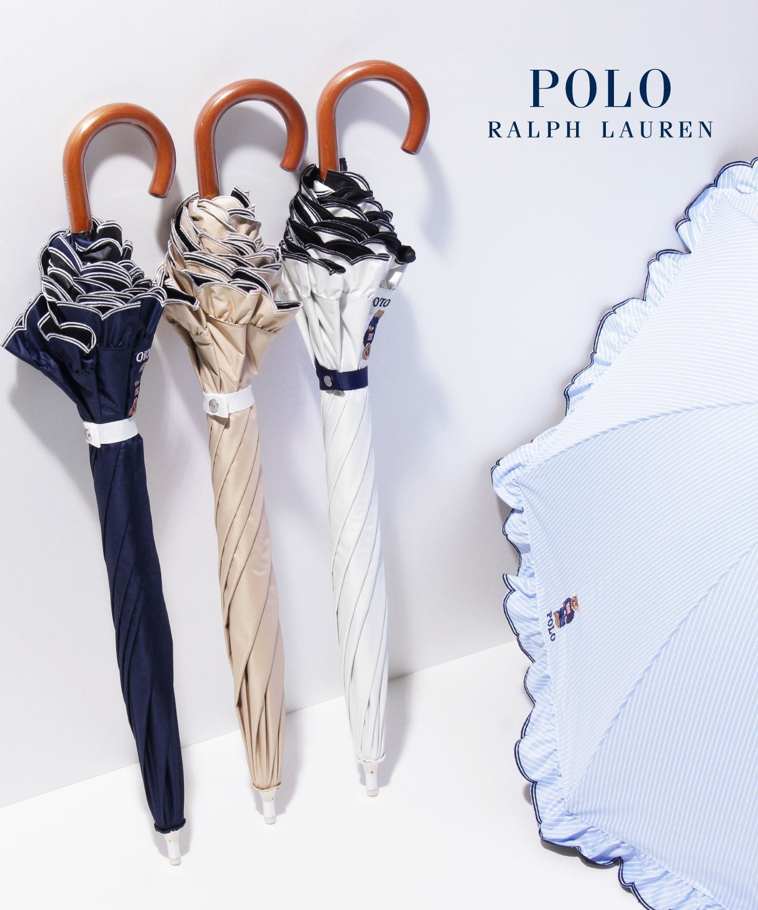 【ムーンバット/MOONBAT】の【WEB限定/遮光率100%/遮熱/UV】POLO RALPH LAUREN(ポロ ラルフローレン)晴雨兼用日傘 ワンポイント ポロベア刺繍 フリル 長傘 インテリア・キッズ・メンズ・レディースファッション・服の通販 founy(ファニー) 　ファッション　Fashion　レディースファッション　Fashion for Women　レイングッズ・傘・晴雨兼用傘　Umbrellas & Rain Gear　アイビー　Ivy Pattern　傘　Umbrella, Parasol　ニューヨーク　New York, NYC Style　人気　Popular, Best Seller　フリル　Frill, Ruffle　日傘　Parasol, UV Umbrella　ワンポイント　One Point, Statement Accent　サックスブルー|ID: prp329100004880691 ipo3291000000036428271