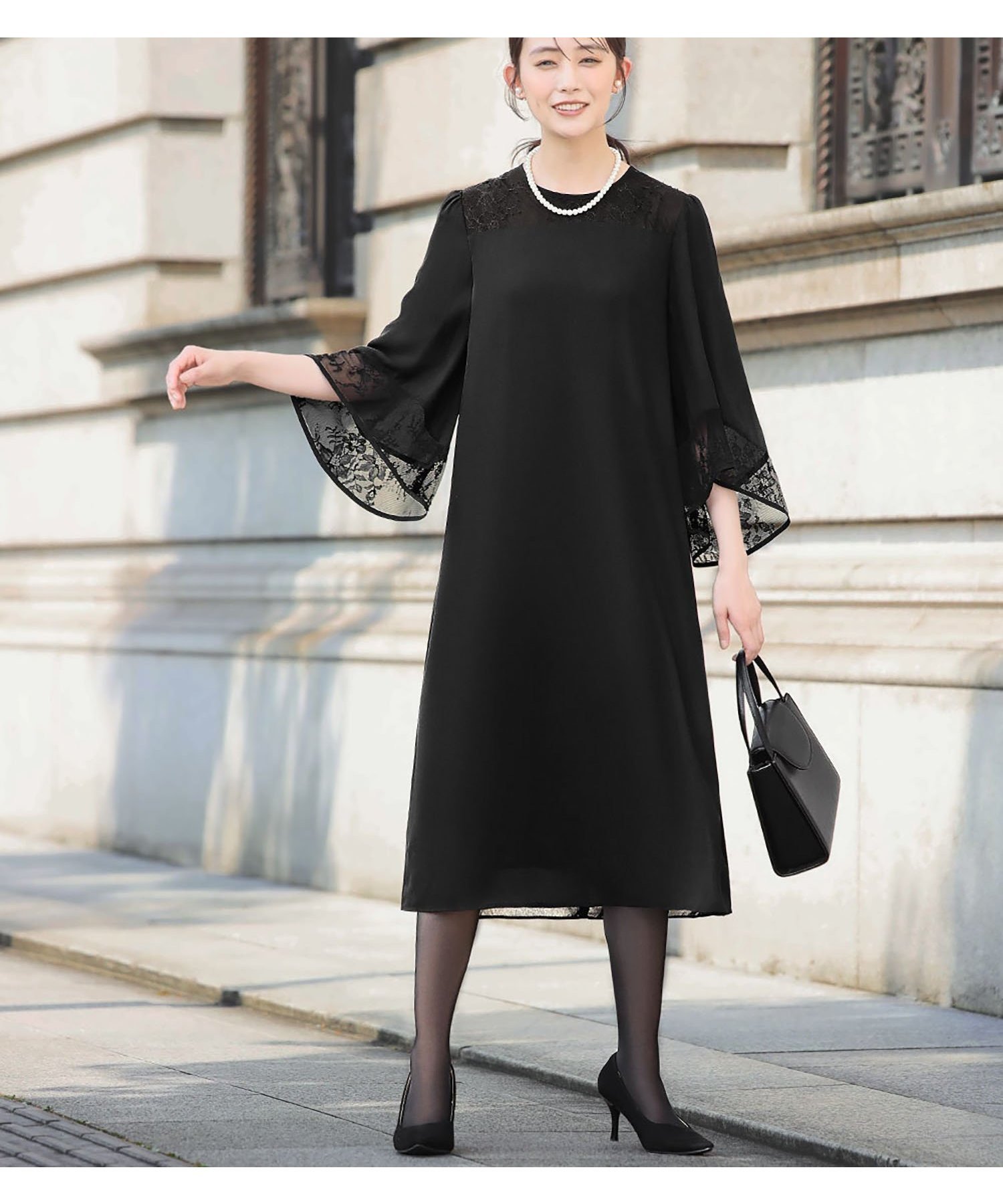 【その他のブランド/Other】の【喪服・礼服】レースフレアスリーブワンピース ブラックフォーマル セレモニー インテリア・キッズ・メンズ・レディースファッション・服の通販 founy(ファニー) 　ファッション　Fashion　レディースファッション　Fashion for Women　ワンピース　Dresses　アクセサリー　Fashion Accessories　エレガント 上品　Elegant　ジョーゼット　Georgette, Semi-Sheer Fabric　ドレス　Dress, One-Piece　ドレープ　Drape, Draping Fabric　フォーマル　Formal, Dressy　フレア　Flare, Flared　ヨーク　Yoke, Yoke Design　リラックス　Relax, Relaxed Fit　レース　Lace, Lace Fabric　おすすめ　Recommended / Our Picks　セレモニー　Ceremony　入学式　Entrance Ceremony　卒業式　Graduation Ceremony　ビジネス 仕事 通勤　Business / Work / Commuting　結婚式　Wedding　披露宴　Wedding Reception　二次会　After Party　BK|ID: prp329100004882710 ipo3291000000036446425