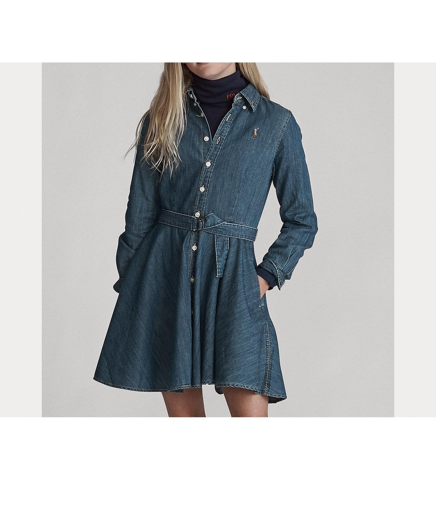 【ラルフローレン/RALPH LAUREN / KIDS】の(ガールズ 7才~16才)ベルテッド コットン デニム シャツドレス インテリア・キッズ・メンズ・レディースファッション・服の通販 founy(ファニー) 　ファッション　Fashion　キッズファッション　Fashion for Kids　ワンピース　Dresses　カフス　Cuff Design　クラシック　Classic, Timeless Style　デニム　Denim, Jeans Material　ドレス　Dress, One-Piece　フィット　Fit, Slim Fit　フレア　Flare, Flared　ヨーク　Yoke, Yoke Design　長袖　Long Sleeve, Full Sleeve　410ネイビー|ID: prp329100004883584 ipo3291000000036455028