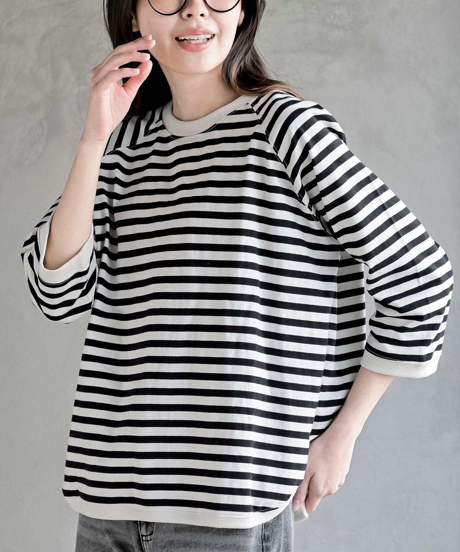 【アールピーエス/rps】のクルーネックラグランワイド7分袖T インテリア・キッズ・メンズ・レディースファッション・服の通販 founy(ファニー) 　ファッション　Fashion　レディースファッション　Fashion for Women　トップス・カットソー　Cut & Sew Tops　シンプル　Simple, Minimal　スリーブ　Sleeve, Long Sleeve / Short Sleeve　ベーシック　Basic, Essential　ボーダー　Border, Stripe　ワイド　Wide, Wide Fit　無地　Plain, Solid Color　ブラック2|ID: prp329100004883771 ipo3291000000036456214