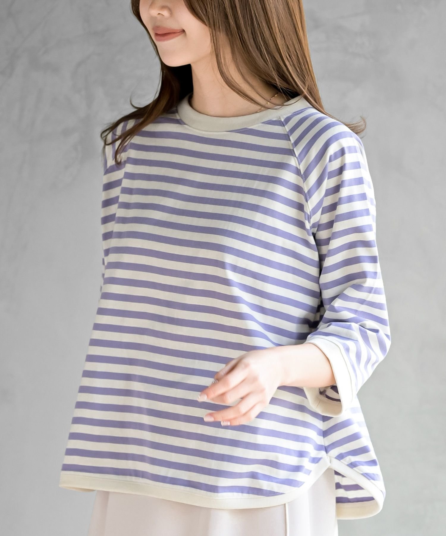 【アールピーエス/rps】のクルーネックラグランワイド7分袖T インテリア・キッズ・メンズ・レディースファッション・服の通販 founy(ファニー) 　ファッション　Fashion　レディースファッション　Fashion for Women　トップス・カットソー　Cut & Sew Tops　シンプル　Simple, Minimal　スリーブ　Sleeve, Long Sleeve / Short Sleeve　ベーシック　Basic, Essential　ボーダー　Border, Stripe　ワイド　Wide, Wide Fit　無地　Plain, Solid Color　パープル|ID: prp329100004883771 ipo3291000000036456216