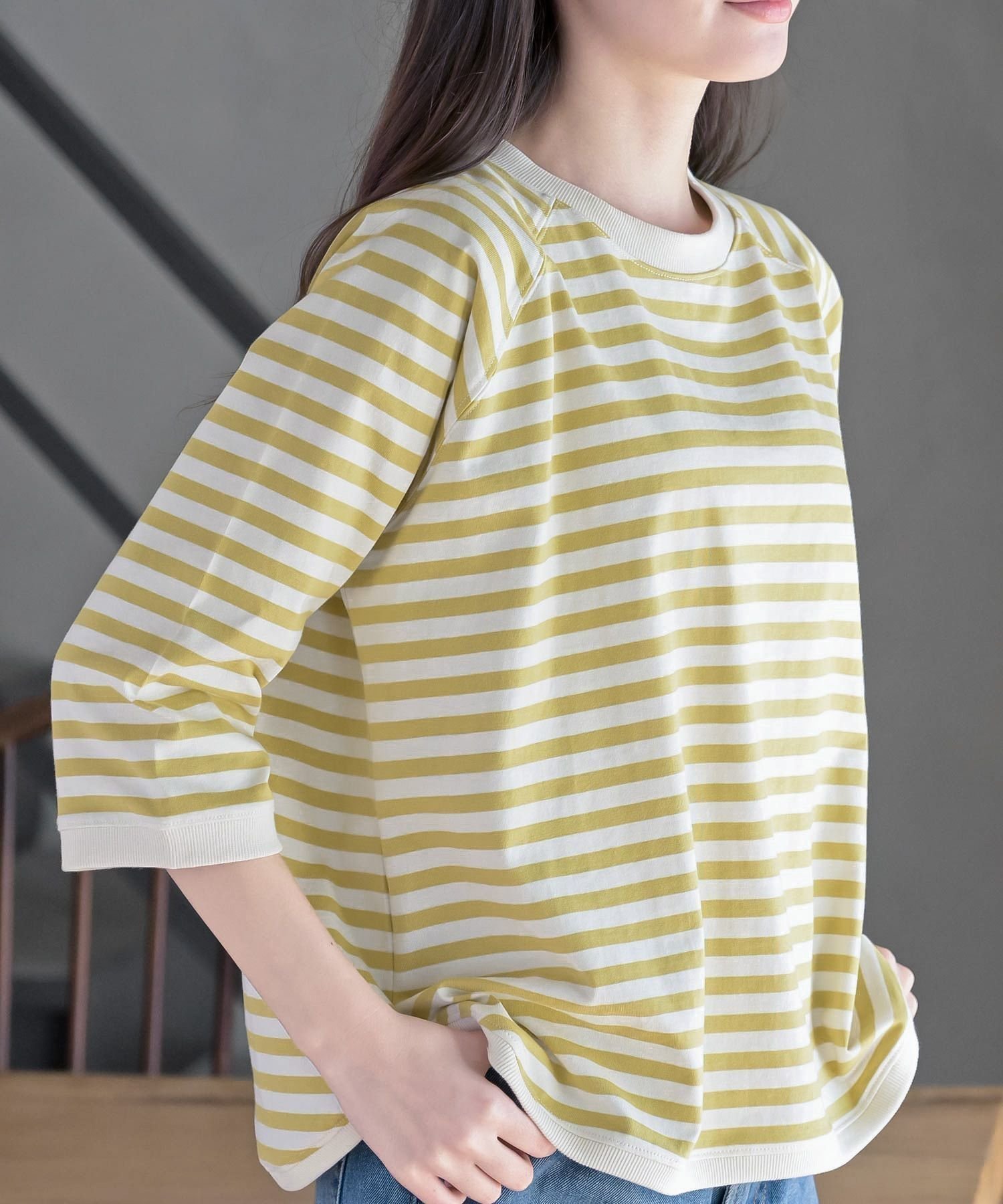 【アールピーエス/rps】のクルーネックラグランワイド7分袖T インテリア・キッズ・メンズ・レディースファッション・服の通販 founy(ファニー) 　ファッション　Fashion　レディースファッション　Fashion for Women　トップス・カットソー　Cut & Sew Tops　シンプル　Simple, Minimal　スリーブ　Sleeve, Long Sleeve / Short Sleeve　ベーシック　Basic, Essential　ボーダー　Border, Stripe　ワイド　Wide, Wide Fit　無地　Plain, Solid Color　イエロー|ID: prp329100004883771 ipo3291000000036456218