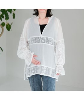 【レプシィム ローリーズファーム/LEPSIM LOWRYS FARM】の【産前・産後対応】マタニティ/切り替えレースチュニックブラウス 人気、トレンドファッション・服の通販 founy(ファニー) ファッション Fashion キッズファッション Fashion for Kids スキッパー Skipper, Open Collar デニム Denim, Jeans Material レース Lace, Lace Fabric 春 Spring |ID:prp329100004883949