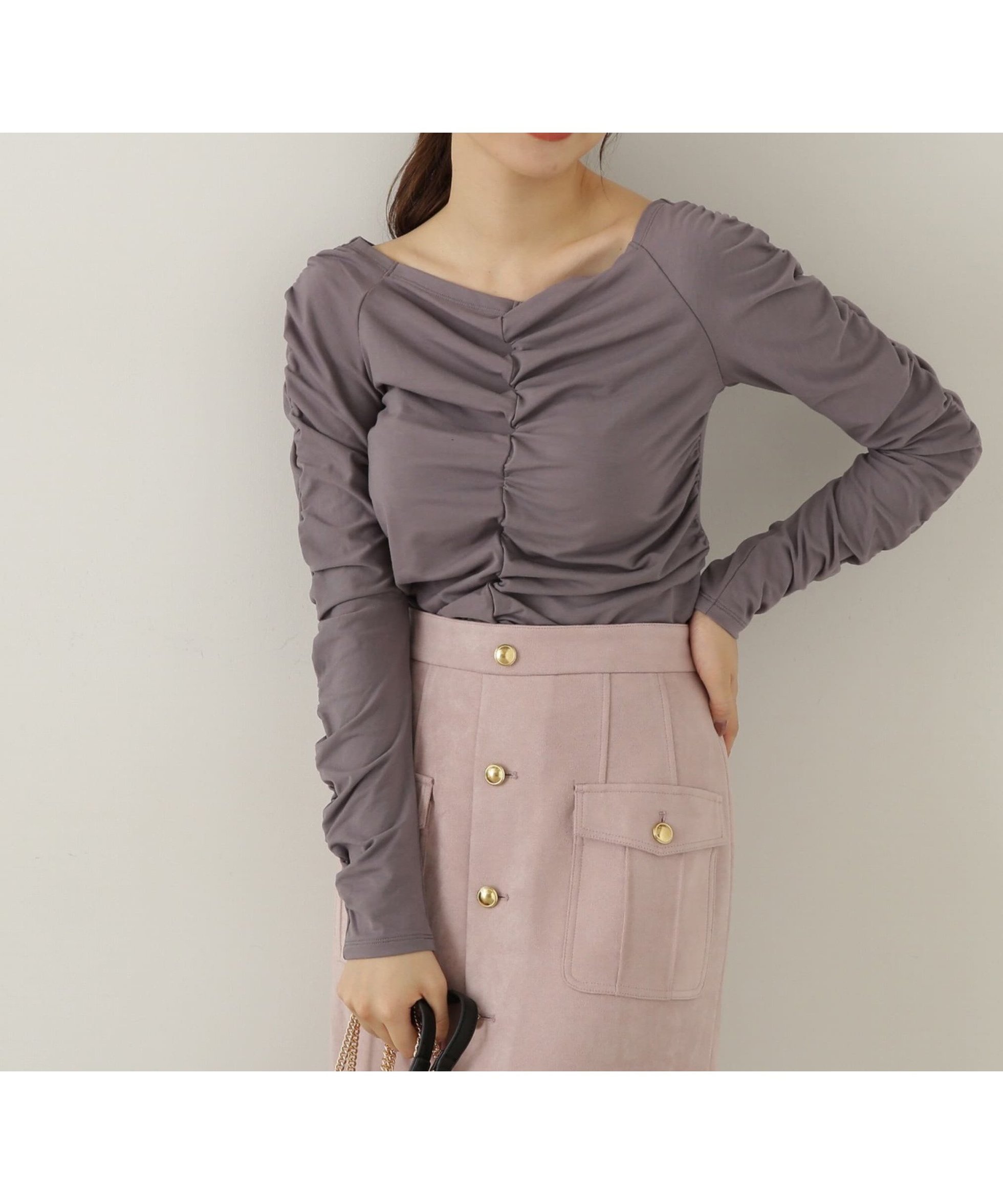 【プロポーション ボディドレッシング/PROPORTION BODY DRESSING】のシャーリングロングT インテリア・キッズ・メンズ・レディースファッション・服の通販 founy(ファニー) 　ファッション　Fashion　レディースファッション　Fashion for Women　カットソー　Cut and Sewn Top　シャーリング　Shirring, Ruched　ロング　Long, Long-Length　グレー|ID: prp329100004888194 ipo3291000000036504094