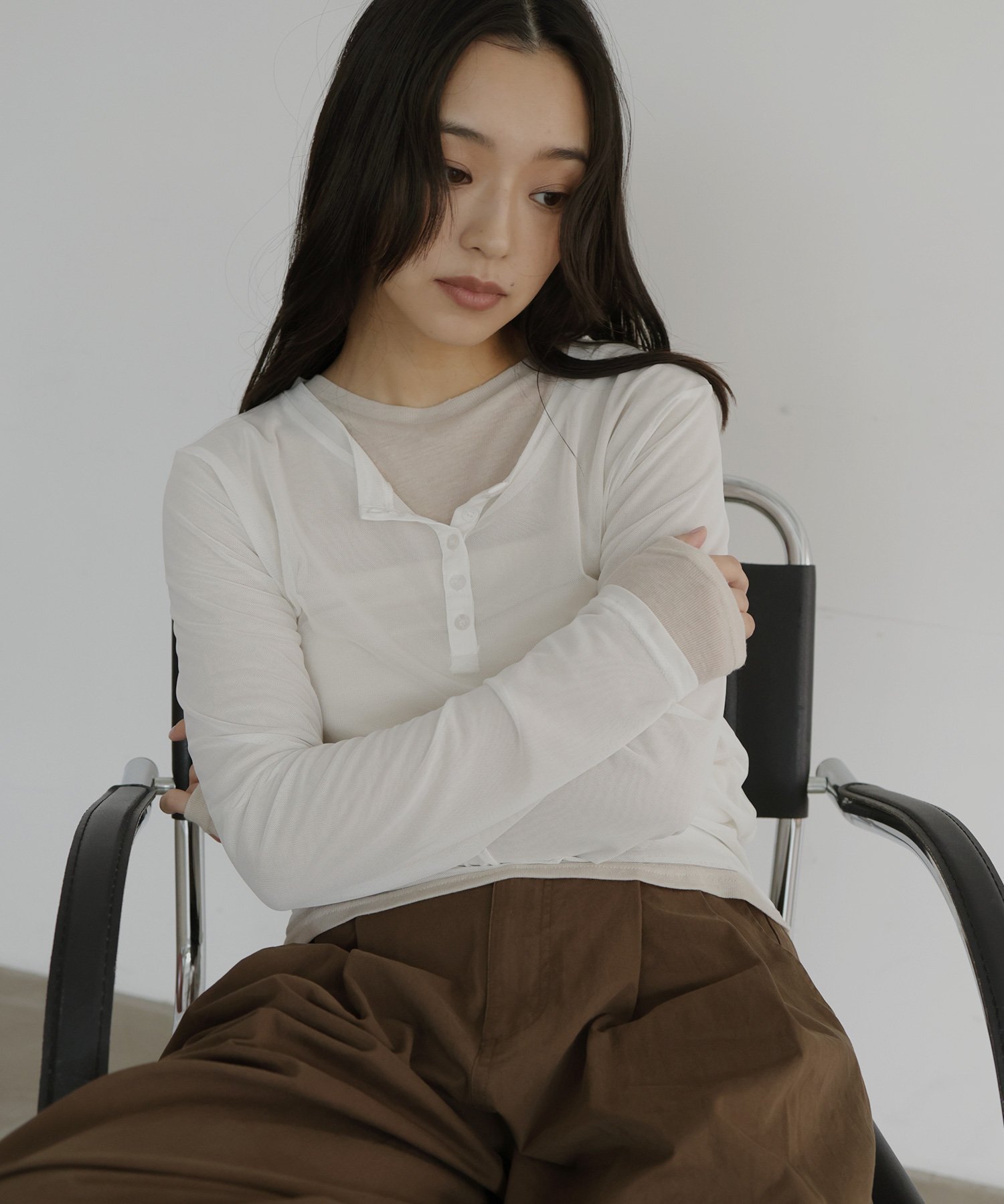 【ヘラム/hellam】のシアーヘンリーレイヤードトップス 人気、トレンドファッション・服の通販 founy(ファニー) 　ファッション　Fashion　レディースファッション　Fashion for Women　トップス・カットソー　Cut & Sew Tops　 other-1|ID: prp329100004888202 ipo3291000000036504139