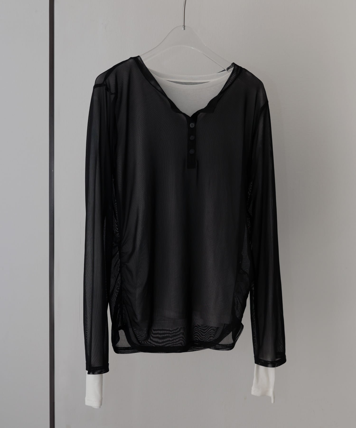 【ヘラム/hellam】のシアーヘンリーレイヤードトップス インテリア・キッズ・メンズ・レディースファッション・服の通販 founy(ファニー) 　ファッション　Fashion　レディースファッション　Fashion for Women　トップス・カットソー　Cut & Sew Tops　ブラック|ID: prp329100004888202 ipo3291000000036504143