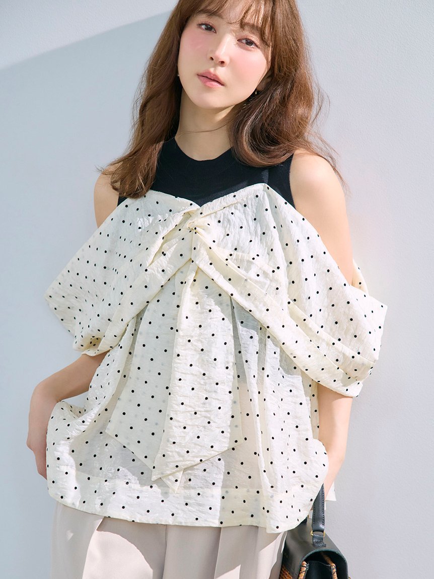 【フレイ アイディー/FRAY I.D】のニットコンビペプラムトップス インテリア・キッズ・メンズ・レディースファッション・服の通販 founy(ファニー) 　ファッション　Fashion　レディースファッション　Fashion for Women　トップス・カットソー　Cut & Sew Tops　ニット　Knit Tops & Sweaters　エアリー　Airy Texture　シアー　Sheer, See-Through　スマート　Smart, Elegant　ツイスト　Tweed, Tweed Fabric　ドッキング　Docking, Mixed Material　ドット　Polka Dot, Dot Pattern　フィット　Fit, Slim Fit　プリント　Print, Printed Pattern　ペプラム　Peplum, Flared Hem　リボン　Ribbon, Bow　DOT[934]|ID: prp329100004889074 ipo3291000000036521392