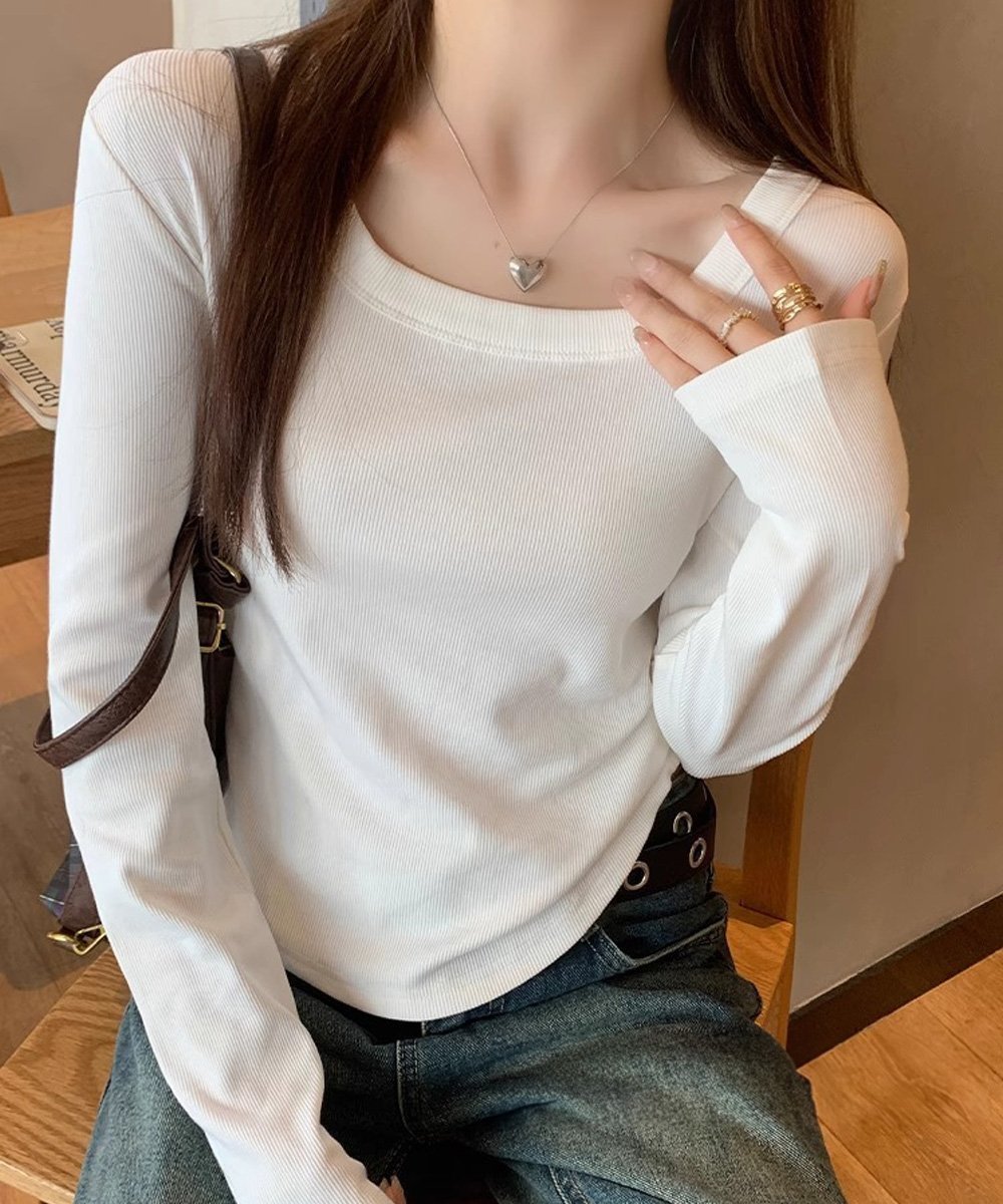 【ミニミニストア/miniministore】の長袖Tシャツ レディース スクエアネック インテリア・キッズ・メンズ・レディースファッション・服の通販 founy(ファニー) 　ファッション　Fashion　レディースファッション　Fashion for Women　トップス・カットソー　Cut & Sew Tops　シャツ・ブラウス・オフィスカジュアル　Elegant Blouses & Button-Ups　ロングTシャツ・Tシャツ　Longline T-Shirts & Tees　シンプル　Simple, Minimal　スクエア　Square, Square Shape　フィット　Fit, Slim Fit　フェミニン　Feminine, Girly　無地　Plain, Solid Color　長袖　Long Sleeve, Full Sleeve　ホワイト|ID: prp329100004889091 ipo3291000000036521828