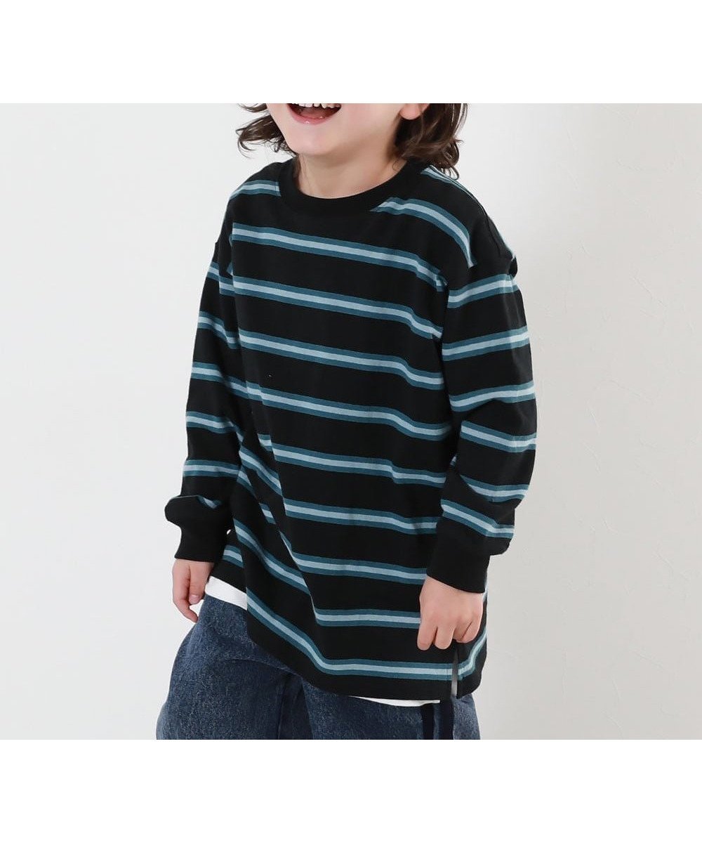 【デビロック/devirock / KIDS】の綿100% お洗濯してもよれにくい ビッグシルエット 袖リブ ボーダー 長袖Tシャツ 26SS インテリア・キッズ・メンズ・レディースファッション・服の通販 founy(ファニー) 　ファッション　Fashion　キッズファッション　Fashion for Kids　インナー　Innerwear　トレンド　Trend, Trending Now　人気　Popular, Best Seller　長袖　Long Sleeve, Full Sleeve　ビッグ　Big, Oversized　ボーダー　Border, Stripe　リラックス　Relax, Relaxed Fit　ロング　Long, Long-Length　おすすめ　Recommended / Our Picks　2026年　2026　007-ブラック-ダスティブルー|ID: prp329100004892016 ipo3291000000036567218