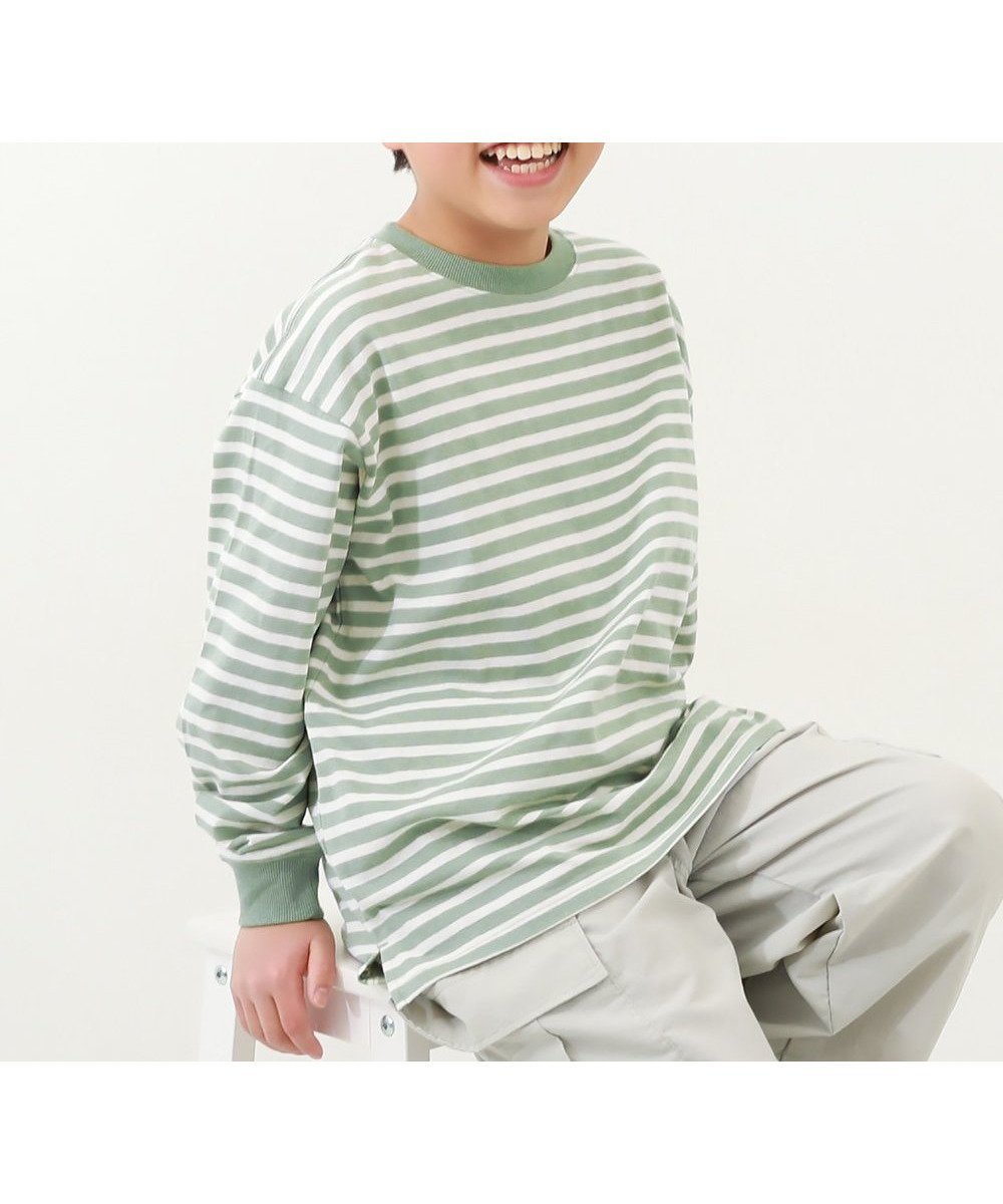 【デビロック/devirock / KIDS】の綿100% お洗濯してもよれにくい ビッグシルエット 袖リブ ボーダー 長袖Tシャツ 26SS インテリア・キッズ・メンズ・レディースファッション・服の通販 founy(ファニー) 　ファッション　Fashion　キッズファッション　Fashion for Kids　インナー　Innerwear　トレンド　Trend, Trending Now　人気　Popular, Best Seller　長袖　Long Sleeve, Full Sleeve　ビッグ　Big, Oversized　ボーダー　Border, Stripe　リラックス　Relax, Relaxed Fit　ロング　Long, Long-Length　おすすめ　Recommended / Our Picks　2026年　2026　005-グリーン|ID: prp329100004892016 ipo3291000000036567234