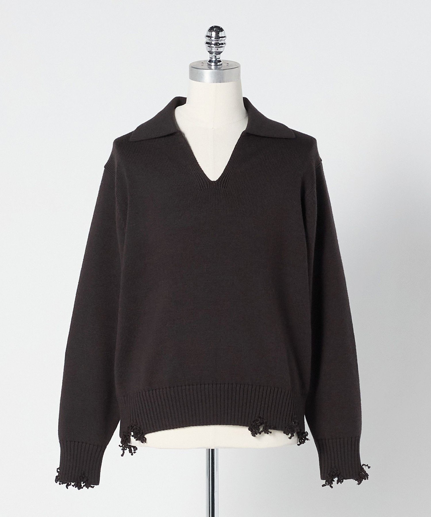 【ユナイテッドアローズ/UNITED ARROWS】のLOEFF ダメージ スキッパー ニット UNISEX インテリア・キッズ・メンズ・レディースファッション・服の通販 founy(ファニー) 　ファッション　Fashion　レディースファッション　Fashion for Women　トップス・カットソー　Cut & Sew Tops　ニット　Knit Tops & Sweaters　ユニセックス　Unisex, Genderless　おすすめ　Recommended / Our Picks　スキッパー　Skipper, Open Collar　ダメージ　Distressed, Destroyed　DK.BROWN|ID: prp329100004896352 ipo3291000000036608969