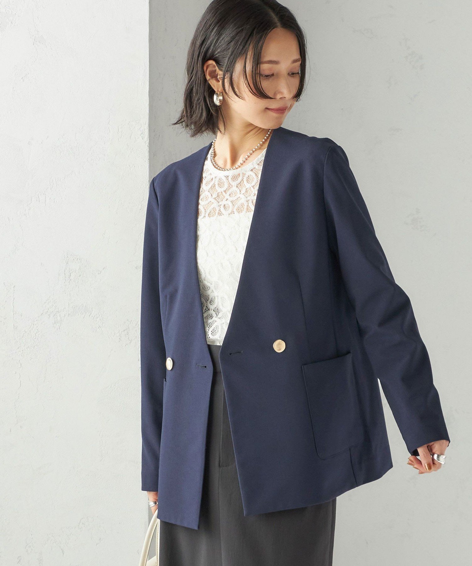 【シップス フォー ウィメン/SHIPS】の吸水速乾 / 防シワ加工 / 洗濯機可能 スーティング ジャージー カラーレス ジャケット インテリア・キッズ・メンズ・レディースファッション・服の通販 founy(ファニー) 　ファッション　Fashion　レディースファッション　Fashion for Women　アウター　Coat / Outerwear Collection　レディースジャケット・軽アウター　Jackets　秋　Autumn　カーディガン　Cardigan, Knitwear　吸水　Absorbent, Quick-Dry　ジャケット　Jacket, Outerwear　ストレッチ　Stretch, Stretchy Fabric　ダブル　Double, Double-Breasted　デニム　Denim, Jeans Material　ボトム　Bottoms, Lower Wear　ポケット　Pocket, Pocket Detail　夏　Summer　2025年　2025　2025-2026秋冬・A/W　Autumn/Winter 2025–26 AW25–26　ネイビー|ID: prp329100004898540 ipo3291000000036647430