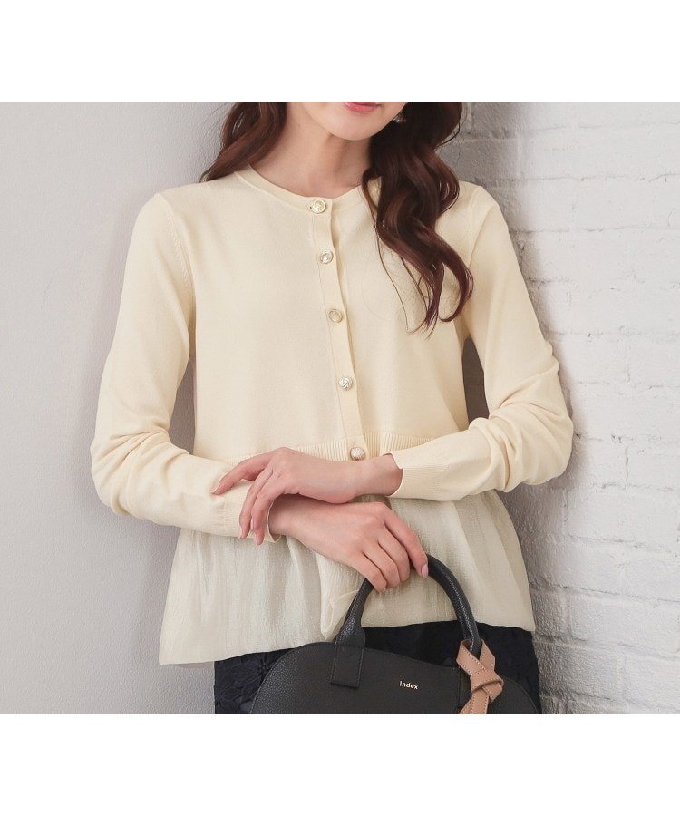 【インデックス/INDEX】のペプラムレイヤード多釦カーディガン【洗濯機OK】 インテリア・キッズ・メンズ・レディースファッション・服の通販 founy(ファニー) 　ファッション　Fashion　レディースファッション　Fashion for Women　トップス・カットソー　Cut & Sew Tops　カーディガン・羽織り　Layered Style Cardigans　カーディガン　Cardigan, Knitwear　シアー　Sheer, See-Through　シンプル　Simple, Minimal　スマート　Smart, Elegant　デニム　Denim, Jeans Material　ドッキング　Docking, Mixed Material　バルーン　Balloon, Balloon Silhouette　フェミニン　Feminine, Girly　フロント　Front, Front Design　ペプラム　Peplum, Flared Hem　エレガント 上品　Elegant　アイボリー|ID: prp329100004898617 ipo3291000000036648224