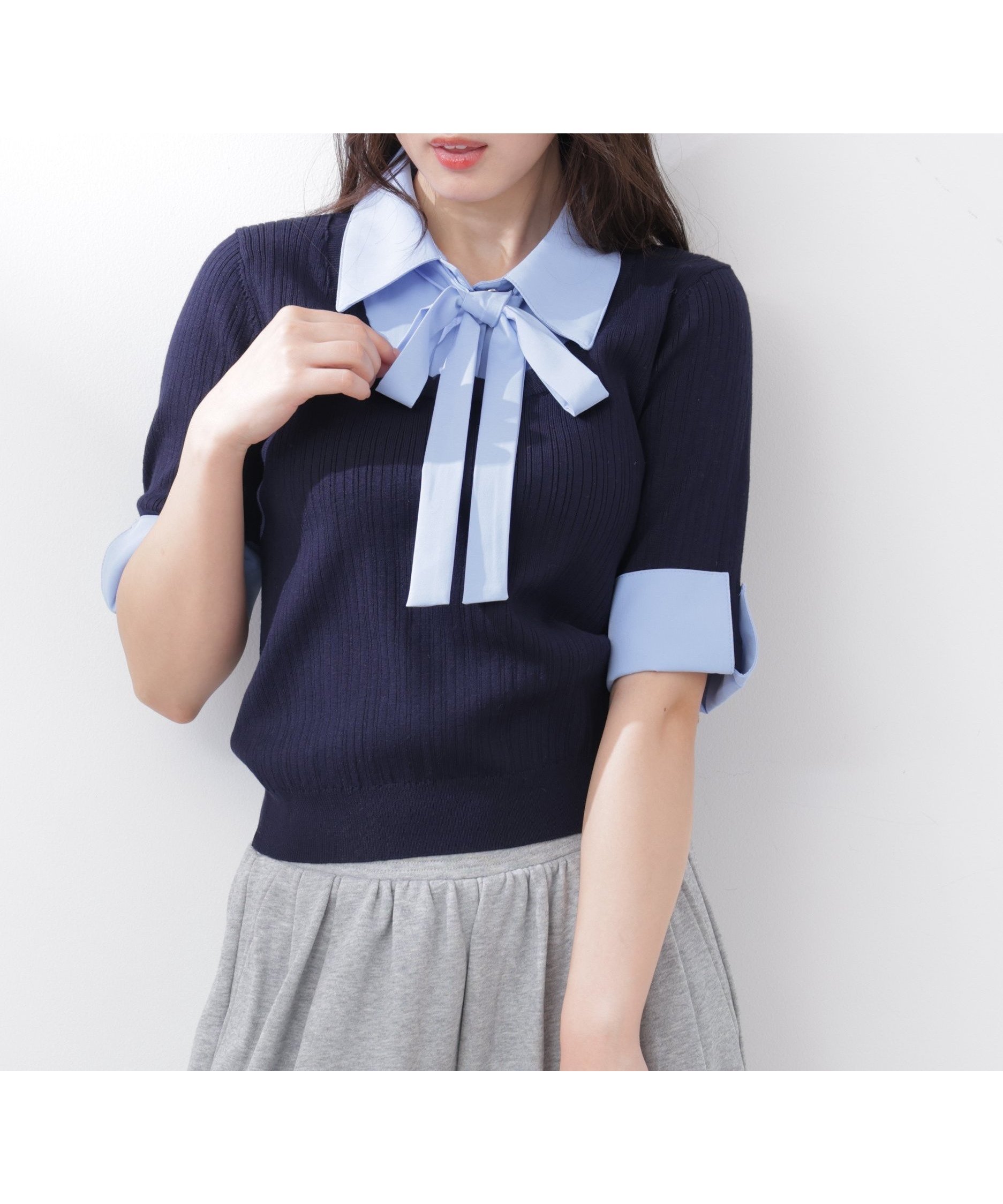【プロポーション ボディドレッシング/PROPORTION BODY DRESSING】の《EDIT COLOGNE》リボンシャツドッキングニット 26SS インテリア・キッズ・メンズ・レディースファッション・服の通販 founy(ファニー) 　ファッション　Fashion　レディースファッション　Fashion for Women　トップス・カットソー　Cut & Sew Tops　ニット　Knit Tops & Sweaters　シャツ・ブラウス・オフィスカジュアル　Elegant Blouses & Button-Ups　2026年　2026　おすすめ　Recommended / Our Picks　デニム　Denim, Jeans Material　トレンド　Trend, Trending Now　ドッキング　Docking, Mixed Material　フェミニン　Feminine, Girly　ミニスカート　Mini Skirt, Short Skirt　リボン　Ribbon, Bow　ワイド　Wide, Wide Fit　ネイビー×ライトブルー|ID: prp329100004898645 ipo3291000000036648480