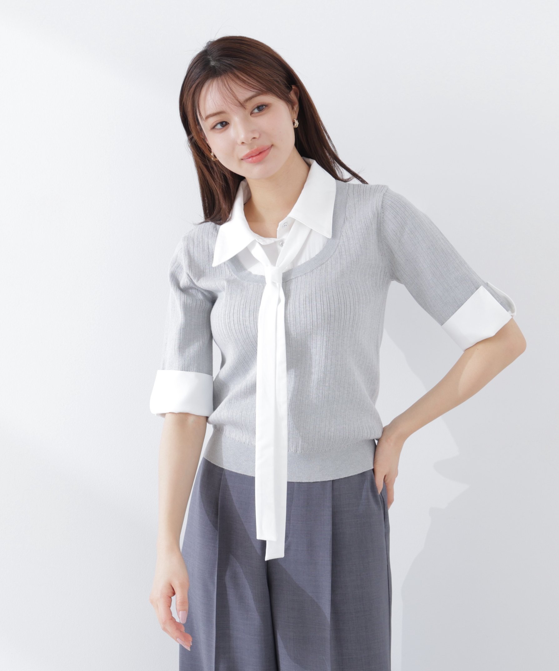 【プロポーション ボディドレッシング/PROPORTION BODY DRESSING】の《EDIT COLOGNE》リボンシャツドッキングニット 26SS インテリア・キッズ・メンズ・レディースファッション・服の通販 founy(ファニー) 　ファッション　Fashion　レディースファッション　Fashion for Women　トップス・カットソー　Cut & Sew Tops　ニット　Knit Tops & Sweaters　シャツ・ブラウス・オフィスカジュアル　Elegant Blouses & Button-Ups　2026年　2026　おすすめ　Recommended / Our Picks　デニム　Denim, Jeans Material　トレンド　Trend, Trending Now　ドッキング　Docking, Mixed Material　フェミニン　Feminine, Girly　ミニスカート　Mini Skirt, Short Skirt　リボン　Ribbon, Bow　ワイド　Wide, Wide Fit　グレー×ホワイト|ID: prp329100004898645 ipo3291000000036648482