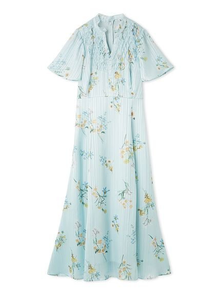 【セルフォード/CELFORD】のボタニカルプリントワンピース インテリア・キッズ・メンズ・レディースファッション・服の通販 founy(ファニー) 　ファッション　Fashion　レディースファッション　Fashion for Women　ワンピース　Dresses　ウェーブ　Wavy Pattern　春　Spring　サテン　Satin, Glossy Fabric　ストライプ　Stripe, Striped Pattern　スマート　Smart, Elegant　スリーブ　Sleeve, Long Sleeve / Short Sleeve　バランス　Balance, Style Balance　フレア　Flare, Flared　プリント　Print, Printed Pattern　マーメイド　Mermaid, Fishtail Silhouette　リボン　Ribbon, Bow　おすすめ　Recommended / Our Picks　SAX[083]|ID: prp329100004898754 ipo3291000000036649388