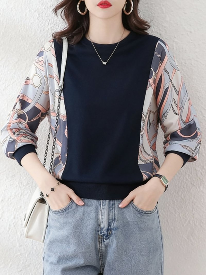 【ドゥーベル/Doux Belle】のプリント袖切替トップス レディース トップス インテリア・キッズ・メンズ・レディースファッション・服の通販 founy(ファニー) ファッション Fashion レディースファッション Fashion for Women トップス・カットソー Cut & Sew Tops プリント Print, Printed Pattern リラックス Relax, Relaxed Fit 切替 Switching, Contrast Panel 春 Spring 無地 Plain, Solid Color 秋 Autumn 長袖 Long Sleeve, Full Sleeve ネイビー|ID: prp329100004900189 ipo3291000000036663845