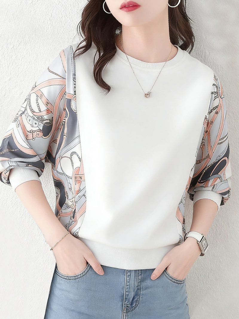 【ドゥーベル/Doux Belle】のプリント袖切替トップス レディース トップス インテリア・キッズ・メンズ・レディースファッション・服の通販 founy(ファニー) ファッション Fashion レディースファッション Fashion for Women トップス・カットソー Cut & Sew Tops プリント Print, Printed Pattern リラックス Relax, Relaxed Fit 切替 Switching, Contrast Panel 春 Spring 無地 Plain, Solid Color 秋 Autumn 長袖 Long Sleeve, Full Sleeve ホワイト|ID: prp329100004900189 ipo3291000000036663848