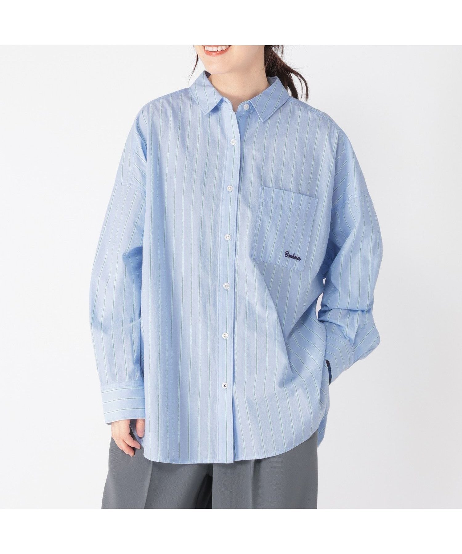 【スタディオ クリップ/studio CLIP】の刺繍ストライプBIGシャツ インテリア・キッズ・メンズ・レディースファッション・服の通販 founy(ファニー) 　ファッション　Fashion　レディースファッション　Fashion for Women　トップス・カットソー　Cut & Sew Tops　シャツ・ブラウス・オフィスカジュアル　Elegant Blouses & Button-Ups　サテン　Satin, Glossy Fabric　シンプル　Simple, Minimal　スウェット / スエット　Sweatshirt, Sweatwear　ストライプ　Stripe, Striped Pattern　タートル　Turtleneck, Turtle Collar　デニム　Denim, Jeans Material　ビッグ　Big, Oversized　ポケット　Pocket, Pocket Detail　ワイド　Wide, Wide Fit　定番　Standard, Basic Item　春　Spring　ブルー04|ID: prp329100004900374 ipo3291000000036666126