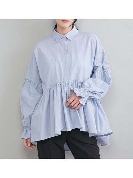 【ミラオーウェン/Mila Owen】のシャツ衿ギャザーチュニックブラウス インテリア・キッズ・メンズ・レディースファッション・服の通販 founy(ファニー) 　ファッション　Fashion　レディースファッション　Fashion for Women　トップス・カットソー　Cut & Sew Tops　シャツ・ブラウス・オフィスカジュアル　Elegant Blouses & Button-Ups　ギャザー　Gathered, Ruffled　スキニー　Skinny, Slim Fit　ストライプ　Stripe, Striped Pattern　スマート　Smart, Elegant　スリーブ　Sleeve, Long Sleeve / Short Sleeve　チュニック　Tunic, Long Top　バランス　Balance, Style Balance　フレア　Flare, Flared　フロント　Front, Front Design　ペプラム　Peplum, Flared Hem　BLU[086]|ID: prp329100004900383 ipo3291000000036666251