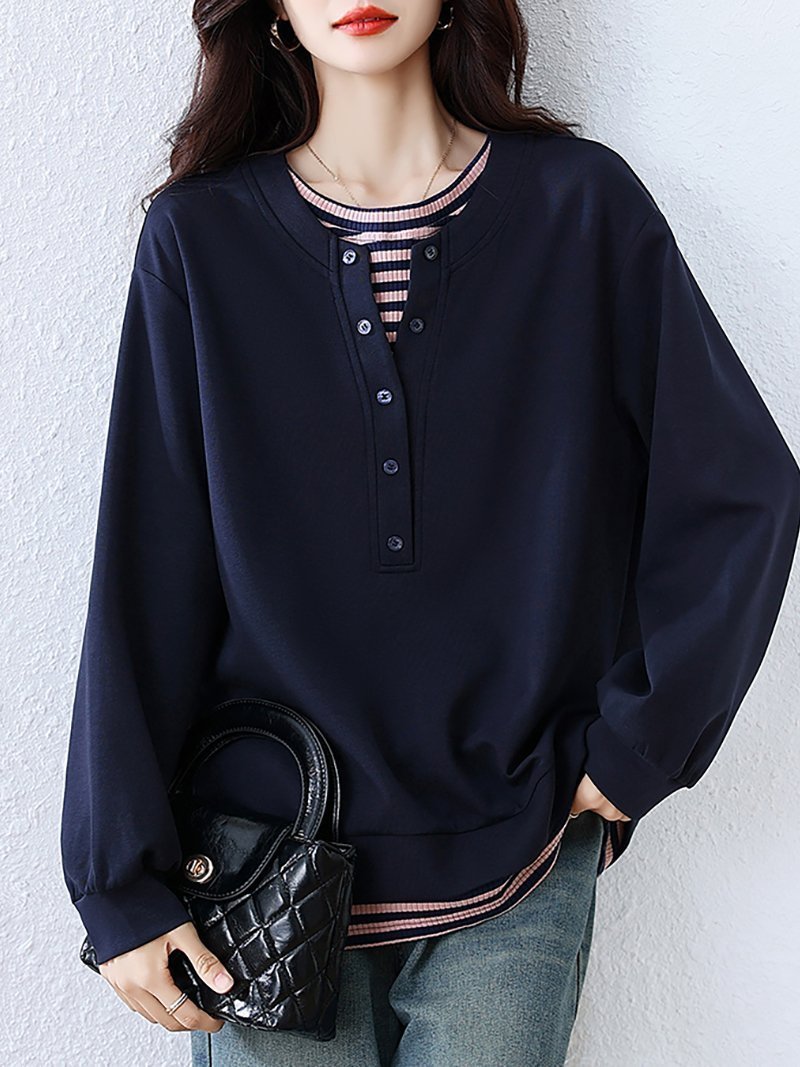 【ドゥーベル/Doux Belle】のボタン付きレイヤードトップス レディース トップス インテリア・キッズ・メンズ・レディースファッション・服の通販 founy(ファニー) ファッション Fashion レディースファッション Fashion for Women トップス・カットソー Cut & Sew Tops シンプル Simple, Minimal ストライプ Stripe, Striped Pattern ポケット Pocket, Pocket Detail 春 Spring 秋 Autumn 長袖 Long Sleeve, Full Sleeve ネイビー|ID: prp329100004900522 ipo3291000000036668399