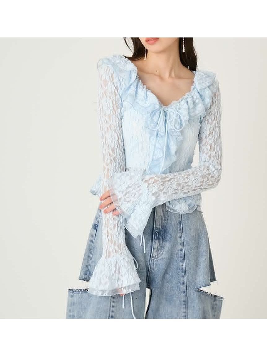 【フレイ アイディー/FRAY I.D】のラッフルデザインレーストップス インテリア・キッズ・メンズ・レディースファッション・服の通販 founy(ファニー) 　ファッション　Fashion　レディースファッション　Fashion for Women　トップス・カットソー　Cut & Sew Tops　春　Spring　今季　This Season, Current Season　スマート　Smart, Elegant　センター　Center, Center Line　デニム　Denim, Jeans Material　トレンド　Trend, Trending Now　ボトム　Bottoms, Lower Wear　リュクス　Luxury, Elegant, High-End, Chic　レース　Lace, Lace Fabric　おすすめ　Recommended / Our Picks　エレガント 上品　Elegant　LBLU[081]|ID: prp329100004900742 ipo3291000000036670406