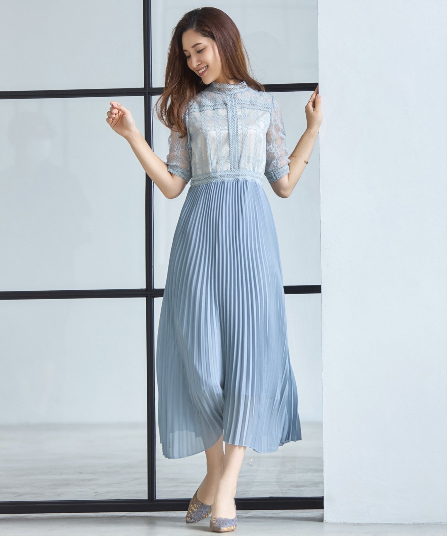 【ドレス/DRESS+】のワンピース ドレス シアー素材 レース プリーツ ミモレ丈 袖ありパーティードレス インテリア・キッズ・メンズ・レディースファッション・服の通販 founy(ファニー) 　ファッション　Fashion　レディースファッション　Fashion for Women　ワンピース　Dresses　フォーマル・パーティードレス・結婚式用ドレス　Elegant & Casual Dresses　エレガント 上品　Elegant　シアー　Sheer, See-Through　シフォン　Chiffon, Lightweight Fabric　トレンド　Trend, Trending Now　ドッキング　Docking, Mixed Material　ドレス　Dress, One-Piece　ハイネック　High Neck, Mock Neck　プリーツ　Pleats, Pleated　レース　Lace, Lace Fabric　サックスブルー|ID: prp329100004900837 ipo3291000000036671318