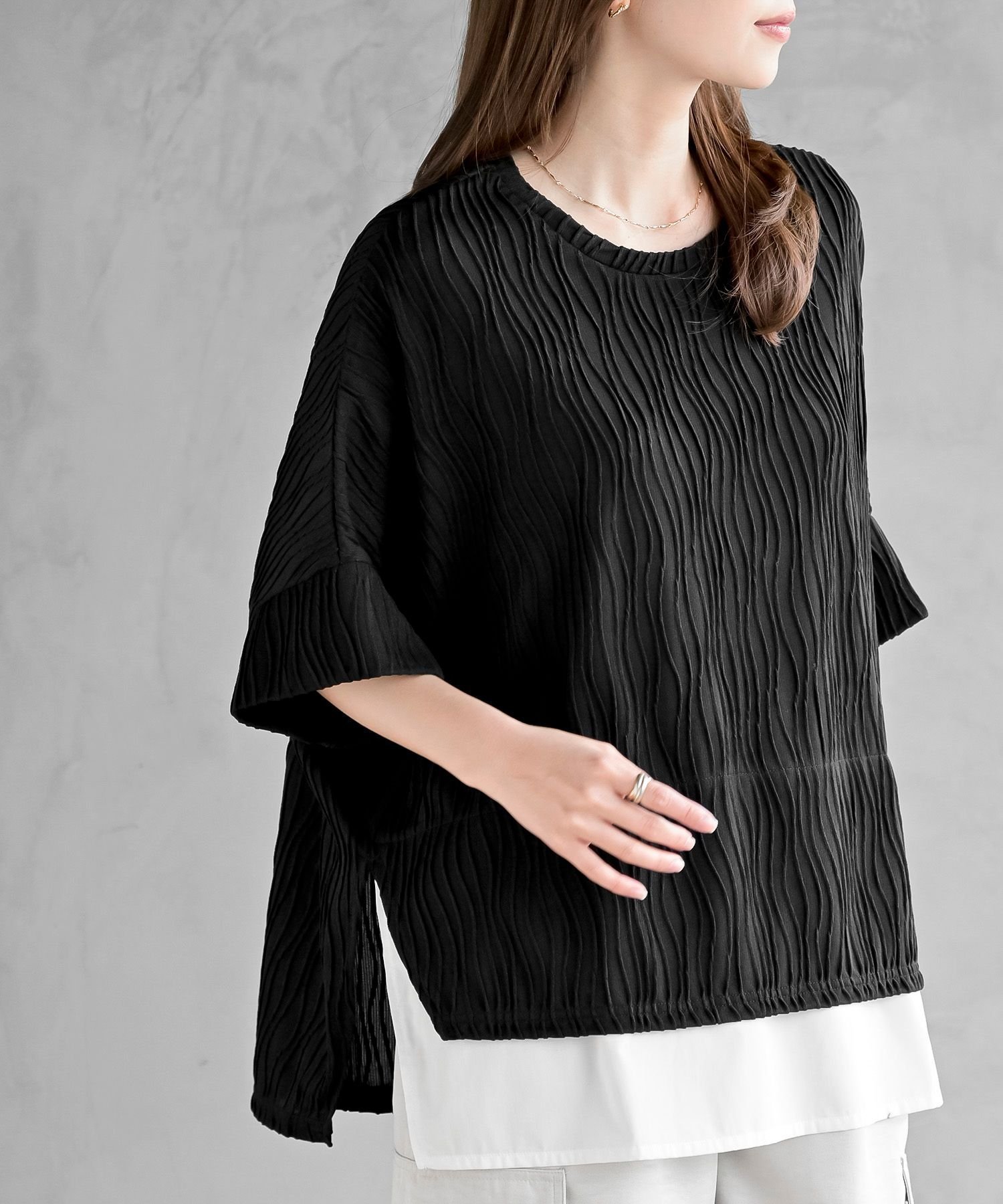 【アールピーエス/rps】のウェーブジャガードレイヤード風ドルマンチュニック インテリア・キッズ・メンズ・レディースファッション・服の通販 founy(ファニー) ファッション Fashion レディースファッション Fashion for Women トップス・カットソー Cut & Sew Tops おすすめ Recommended / Our Picks インナー Innerwear ストレッチ Stretch, Stretchy Fabric リラックス Relax, Relaxed Fit 再入荷 Restock / Back in Stock ブラック|ID: prp329100004900932 ipo3291000000036672614