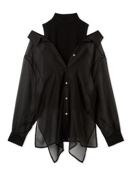 【フレイ アイディー/FRAY I.D】のセミシアーシャツレイヤードニット 人気、トレンドファッション・服の通販 founy(ファニー) 　ファッション　Fashion　レディースファッション　Fashion for Women　トップス・カットソー　Cut & Sew Tops　ニット　Knit Tops & Sweaters　シャツ・ブラウス・オフィスカジュアル　Elegant Blouses & Button-Ups　オーガンジー　Organza Fabric　今季　This Season, Current Season　スマート　Smart, Elegant　ノースリーブ　Sleeveless, No-Sleeve　人気　Popular, Best Seller　バランス　Balance, Style Balance　フェミニン　Feminine, Girly　モックネック　Mock Neck, Short Turtleneck　リボン　Ribbon, Bow　 other-1|ID: prp329100004904041 ipo3291000000036706985