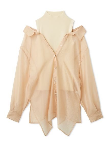 【フレイ アイディー/FRAY I.D】のセミシアーシャツレイヤードニット インテリア・キッズ・メンズ・レディースファッション・服の通販 founy(ファニー) 　ファッション　Fashion　レディースファッション　Fashion for Women　トップス・カットソー　Cut & Sew Tops　ニット　Knit Tops & Sweaters　シャツ・ブラウス・オフィスカジュアル　Elegant Blouses & Button-Ups　オーガンジー　Organza Fabric　今季　This Season, Current Season　スマート　Smart, Elegant　ノースリーブ　Sleeveless, No-Sleeve　人気　Popular, Best Seller　バランス　Balance, Style Balance　フェミニン　Feminine, Girly　モックネック　Mock Neck, Short Turtleneck　リボン　Ribbon, Bow　ORG[051]|ID: prp329100004904041 ipo3291000000036706990