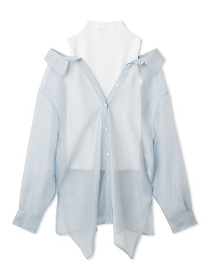 【フレイ アイディー/FRAY I.D】のセミシアーシャツレイヤードニット インテリア・キッズ・メンズ・レディースファッション・服の通販 founy(ファニー) 　ファッション　Fashion　レディースファッション　Fashion for Women　トップス・カットソー　Cut & Sew Tops　ニット　Knit Tops & Sweaters　シャツ・ブラウス・オフィスカジュアル　Elegant Blouses & Button-Ups　オーガンジー　Organza Fabric　今季　This Season, Current Season　スマート　Smart, Elegant　ノースリーブ　Sleeveless, No-Sleeve　人気　Popular, Best Seller　バランス　Balance, Style Balance　フェミニン　Feminine, Girly　モックネック　Mock Neck, Short Turtleneck　リボン　Ribbon, Bow　LBLU[081]|ID: prp329100004904041 ipo3291000000036706993