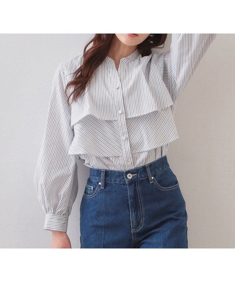 【インデックス/INDEX】のフリルキーネックシャツ【洗濯機OK/イージーアイロン/防シワ】《XS~LL/7col》 インテリア・キッズ・メンズ・レディースファッション・服の通販 founy(ファニー) 　ファッション　Fashion　レディースファッション　Fashion for Women　トップス・カットソー　Cut & Sew Tops　シャツ・ブラウス・オフィスカジュアル　Elegant Blouses & Button-Ups　ストライプ　Stripe, Striped Pattern　スマート　Smart, Elegant　バランス　Balance, Style Balance　フリル　Frill, Ruffle　フロント　Front, Front Design　無地　Plain, Solid Color　ヨーク　Yoke, Yoke Design　エレガント 上品　Elegant　オフホワイト|ID: prp329100004912149 ipo3291000000036810540