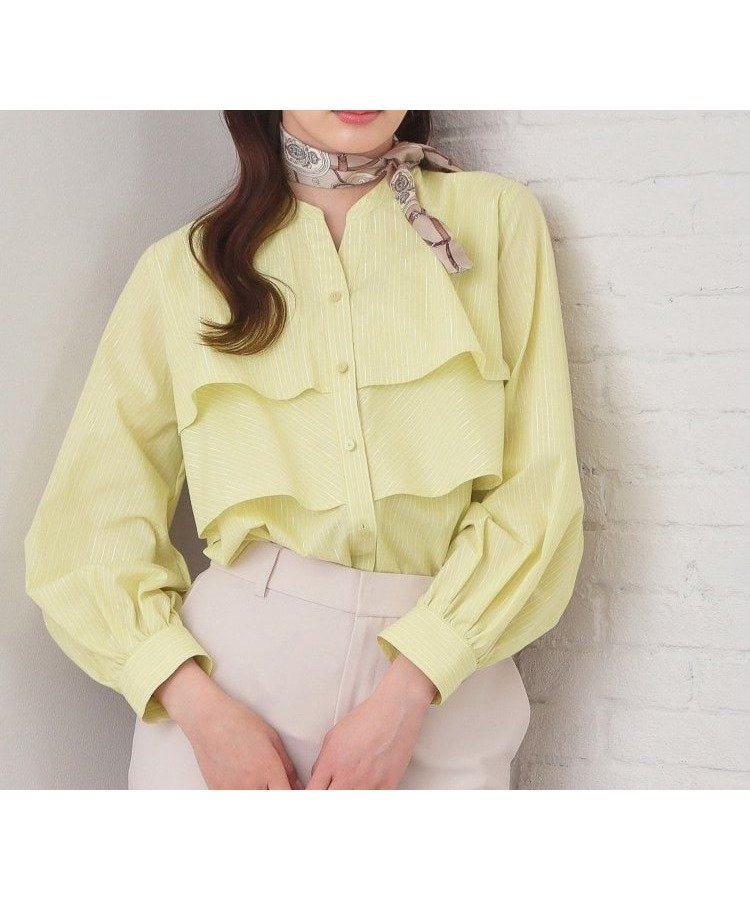 【インデックス/INDEX】のフリルキーネックシャツ【洗濯機OK/イージーアイロン/防シワ】《XS~LL/7col》 インテリア・キッズ・メンズ・レディースファッション・服の通販 founy(ファニー) 　ファッション　Fashion　レディースファッション　Fashion for Women　トップス・カットソー　Cut & Sew Tops　シャツ・ブラウス・オフィスカジュアル　Elegant Blouses & Button-Ups　ストライプ　Stripe, Striped Pattern　スマート　Smart, Elegant　バランス　Balance, Style Balance　フリル　Frill, Ruffle　フロント　Front, Front Design　無地　Plain, Solid Color　ヨーク　Yoke, Yoke Design　エレガント 上品　Elegant　ライトグリーン|ID: prp329100004912149 ipo3291000000036810543