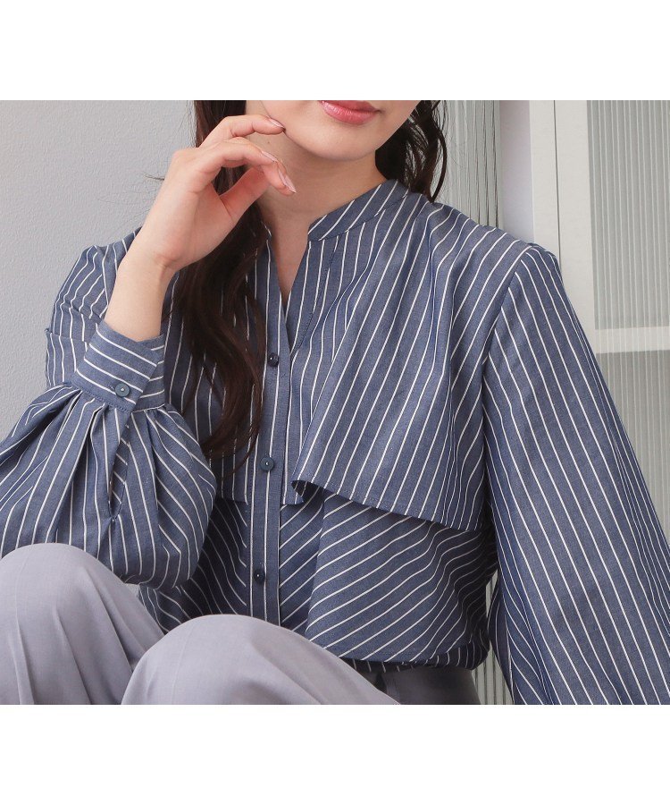 【インデックス/INDEX】のフリルキーネックシャツ【洗濯機OK/イージーアイロン/防シワ】《XS~LL/7col》 インテリア・キッズ・メンズ・レディースファッション・服の通販 founy(ファニー) 　ファッション　Fashion　レディースファッション　Fashion for Women　トップス・カットソー　Cut & Sew Tops　シャツ・ブラウス・オフィスカジュアル　Elegant Blouses & Button-Ups　ストライプ　Stripe, Striped Pattern　スマート　Smart, Elegant　バランス　Balance, Style Balance　フリル　Frill, Ruffle　フロント　Front, Front Design　無地　Plain, Solid Color　ヨーク　Yoke, Yoke Design　エレガント 上品　Elegant　ネイビー|ID: prp329100004912149 ipo3291000000036810546