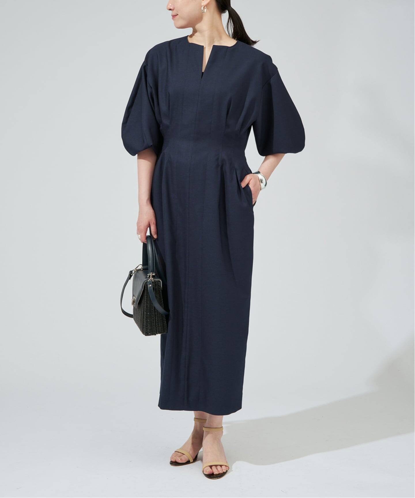 【ヴェルメイユ パー イエナ/VERMEIL par iena】のFLAXASA jewel ox ウエストシェイプワンピース インテリア・キッズ・メンズ・レディースファッション・服の通販 founy(ファニー) 　ファッション　Fashion　レディースファッション　Fashion for Women　ワンピース　Dresses　サンダル　Sandals, Summer Shoes　スリーブ　Sleeve, Long Sleeve / Short Sleeve　バランス　Balance, Style Balance　フォルム　Silhouette, Form　フラット　Flat, Flat Shoes　ネイビー|ID: prp329100004915299 ipo3291000000036841420