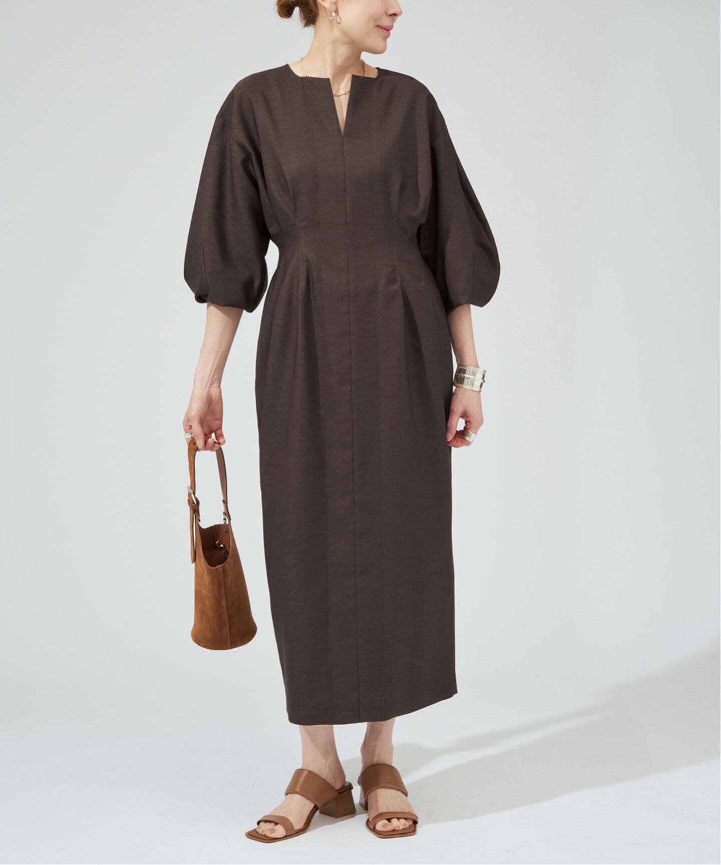 【ヴェルメイユ パー イエナ/VERMEIL par iena】のFLAXASA jewel ox ウエストシェイプワンピース インテリア・キッズ・メンズ・レディースファッション・服の通販 founy(ファニー) 　ファッション　Fashion　レディースファッション　Fashion for Women　ワンピース　Dresses　サンダル　Sandals, Summer Shoes　スリーブ　Sleeve, Long Sleeve / Short Sleeve　バランス　Balance, Style Balance　フォルム　Silhouette, Form　フラット　Flat, Flat Shoes　ブラウン|ID: prp329100004915299 ipo3291000000036841424