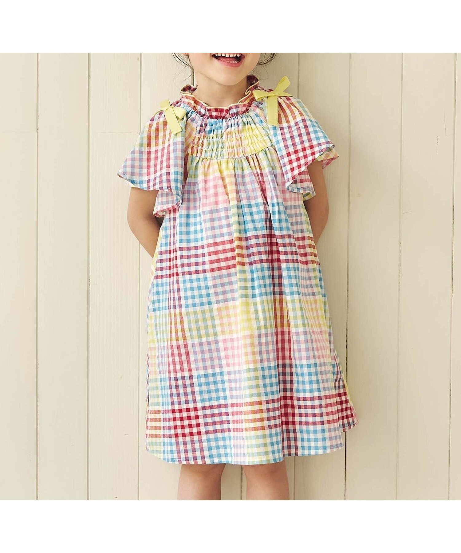 【エフオー オンラインストア/F.O.Online Store / KIDS】の【リンク】肩リボンフレアヒロインワンピース インテリア・キッズ・メンズ・レディースファッション・服の通販 founy(ファニー) 　ファッション　Fashion　キッズファッション　Fashion for Kids　ワンピース　Dresses　ネップ　Nepp, Slub Yarn　プリント　Print, Printed Pattern　チェック柄|ID: prp329100004918082 ipo3291000000036888954