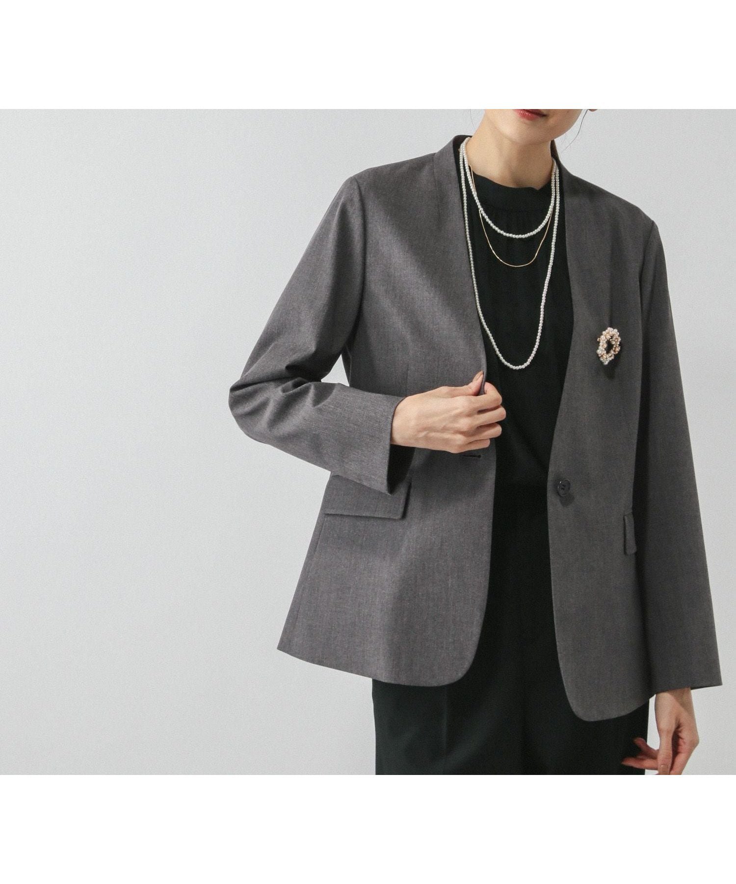 【グローバルワーク/GLOBAL WORK】のウツクシルエットノーカラージャケット/581021 インテリア・キッズ・メンズ・レディースファッション・服の通販 founy(ファニー) 　ファッション　Fashion　レディースファッション　Fashion for Women　アウター　Coat / Outerwear Collection　レディースジャケット・軽アウター　Jackets　ノーカラージャケット / シンプル上品コーデ　Collarless Jackets　おすすめ　Recommended / Our Picks　インナー　Innerwear　ジャケット　Jacket, Outerwear　ストレッチ　Stretch, Stretchy Fabric　セットアップ　Set-Up, Coordinated Outfit　セレモニー　Ceremony　パターン　Pattern, Design Print　ボトム　Bottoms, Lower Wear　ワイド　Wide, Wide Fit　チャコールグレー18|ID: prp329100004918259 ipo3291000000036889689