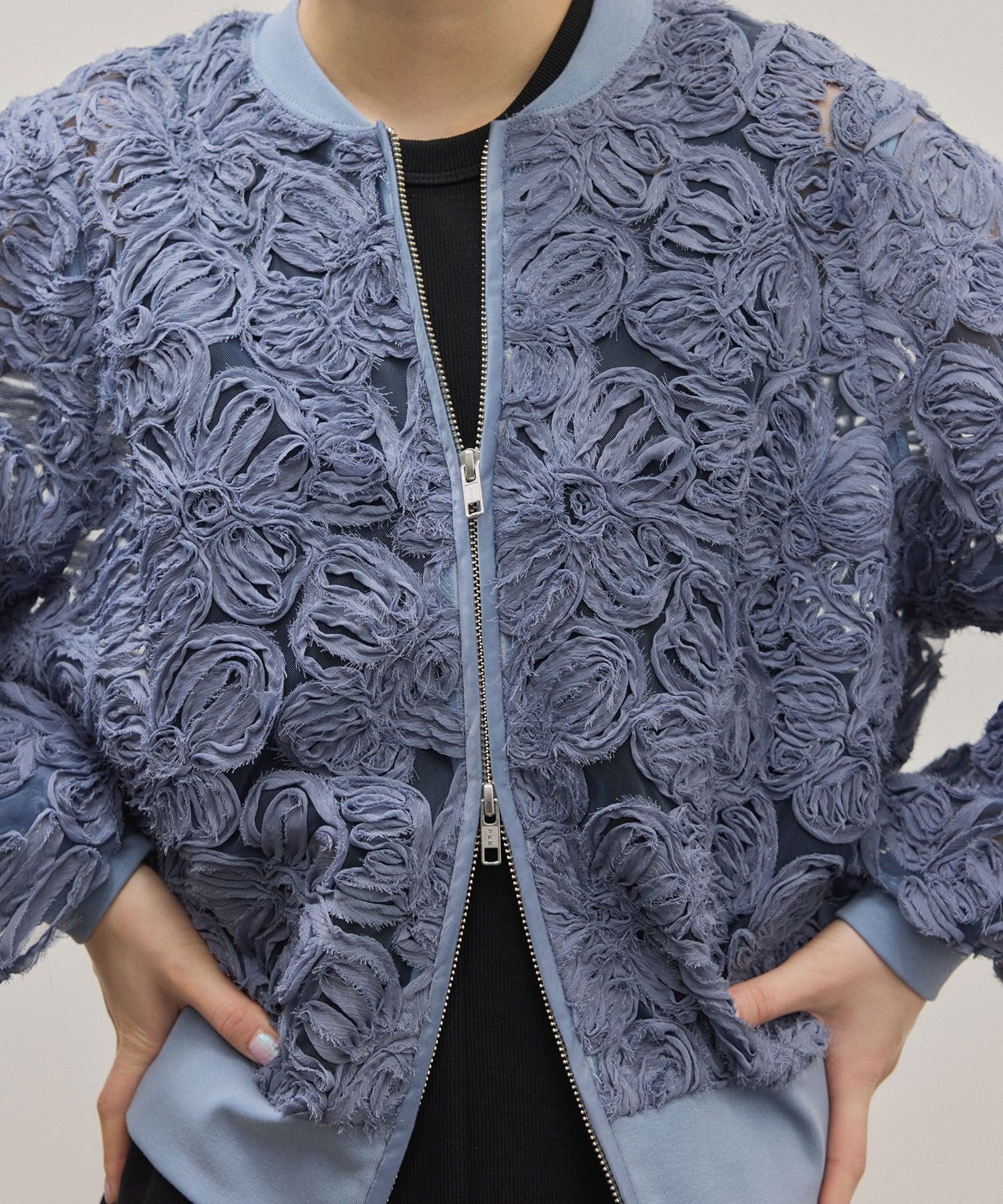 【アダム エ ロペ/ADAM ET ROPE'】のラインアートレースブルゾン インテリア・キッズ・メンズ・レディースファッション・服の通販 founy(ファニー) 　ファッション　Fashion　レディースファッション　Fashion for Women　アウター　Coat / Outerwear Collection　ブルゾンジャケット・スポーティアウター　Blouson Jackets　春　Spring　ギャザー　Gathered, Ruffled　シアー　Sheer, See-Through　ダブル　Double, Double-Breasted　デニム　Denim, Jeans Material　フェミニン　Feminine, Girly　フォルム　Silhouette, Form　フラワー　Flower, Floral　フロント　Front, Front Design　ブルゾン　Blouson, Bomber Jacket　ベーシック　Basic, Essential　ボトム　Bottoms, Lower Wear　ポケット　Pocket, Pocket Detail　メッシュ　Mesh, Net Fabric　モチーフ　Motif, Design Theme　S/S・春夏　SS, Spring/Summer, Warm Season　夏　Summer　2026年　2026　ブルー系(45)|ID: prp329100004918313 ipo3291000000036889905