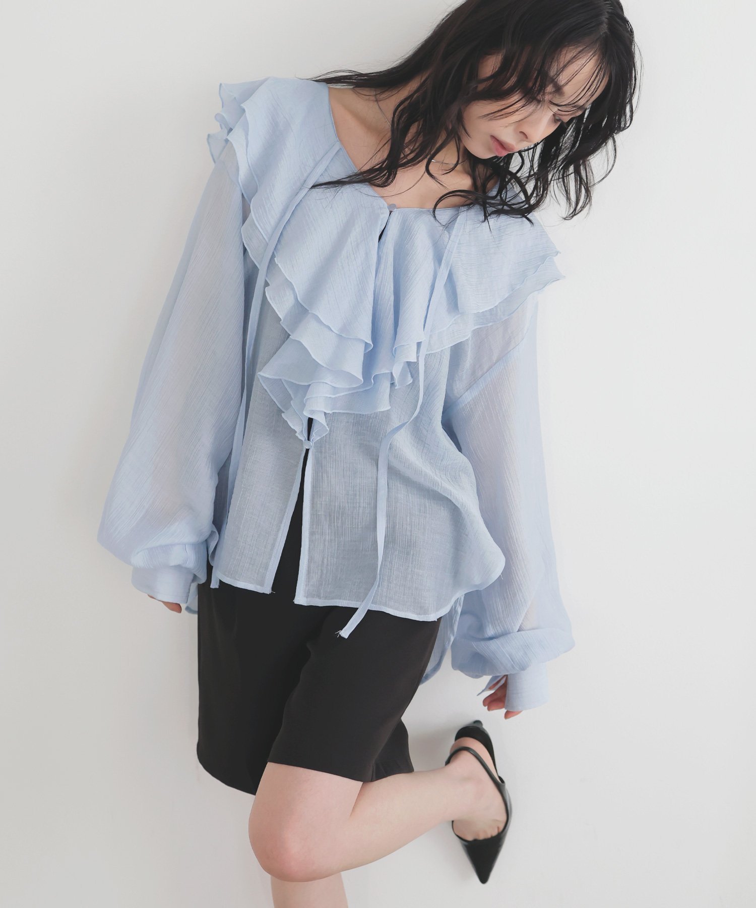 【リアン/Lian】のシアーラッフルブラウス インテリア・キッズ・メンズ・レディースファッション・服の通販 founy(ファニー) 　ファッション　Fashion　レディースファッション　Fashion for Women　トップス・カットソー　Cut & Sew Tops　シャツ・ブラウス・オフィスカジュアル　Elegant Blouses & Button-Ups　フリル　Frill, Ruffle　エレガント 上品　Elegant　ブルー|ID: prp329100004919264 ipo3291000000036903786