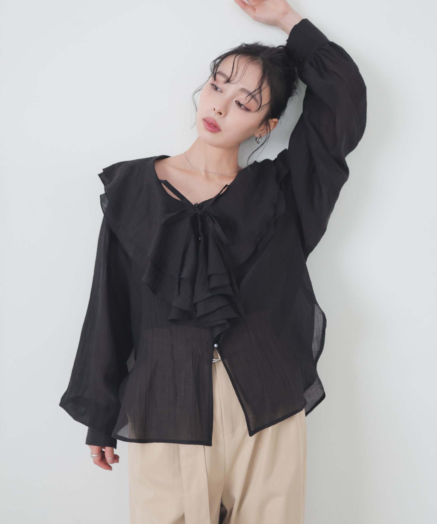 【リアン/Lian】のシアーラッフルブラウス インテリア・キッズ・メンズ・レディースファッション・服の通販 founy(ファニー) 　ファッション　Fashion　レディースファッション　Fashion for Women　トップス・カットソー　Cut & Sew Tops　シャツ・ブラウス・オフィスカジュアル　Elegant Blouses & Button-Ups　フリル　Frill, Ruffle　エレガント 上品　Elegant　ブラック|ID: prp329100004919264 ipo3291000000036903787