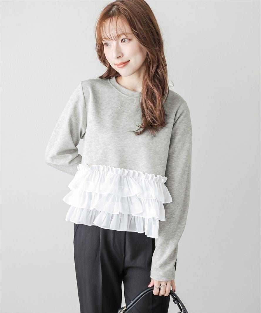 【ラジュール/Lajour】のティアードフリルヘムトップス インテリア・キッズ・メンズ・レディースファッション・服の通販 founy(ファニー) 　ファッション　Fashion　レディースファッション　Fashion for Women　トップス・カットソー　Cut & Sew Tops　2025年　2025　2025-2026秋冬・A/W　Autumn/Winter 2025–26 AW25–26　なめらか　Smooth, Silky Texture　カットソー　Cut and Sewn Top　コンパクト　Compact, Small Size　シアー　Sheer, See-Through　ショート　Short, Short Length　シンプル　Simple, Minimal　ティアード　Tiered, Tiered Style　フェミニン　Feminine, Girly　フリル　Frill, Ruffle　エレガント 上品　Elegant　長袖　Long Sleeve, Full Sleeve　グレー|ID: prp329100004919283 ipo3291000000036903866