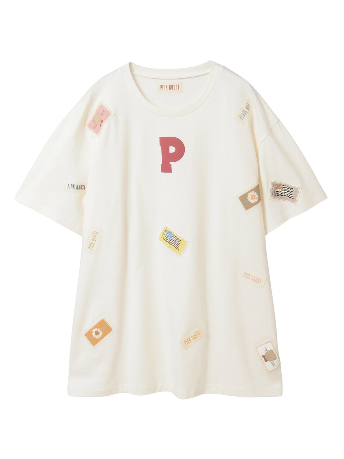 【ピンクハウス/PINK HOUSE】のPロゴ ネームワッペン使いカットソーチュニック インテリア・キッズ・メンズ・レディースファッション・服の通販 founy(ファニー) 　ファッション　Fashion　レディースファッション　Fashion for Women　トップス・カットソー　Cut & Sew Tops　カットソー・ベーシックTシャツ　Cut-and-Sewn Tops / Stretch Tees & Basics　カットソー　Cut and Sewn Top　フロント　Front, Front Design　プリント　Print, Printed Pattern　マーガレット　Marguerite, Daisy Pattern　オフ|ID: prp329100004923572 ipo3291000000036943820